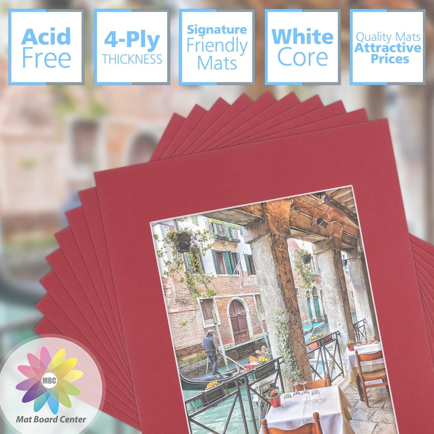 Mat Board Center, Pack of 10, 11x14 for 8x10 China Red Color Mats - Bevel Cut, Acid Free, 4-ply Thickness, White Core - for Pictures, Photos, Framing