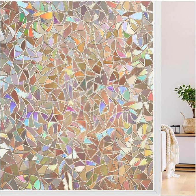 LUTE Window Privacy Film, Rainbow Window Flim, 3D Decorative Stained Glass Cling, Non-Adhesive Vinyl Static Cling Removable Glass Sticker, Sun UV Blocking Covering for Home, Brown, 17.5 x 78.7 inches