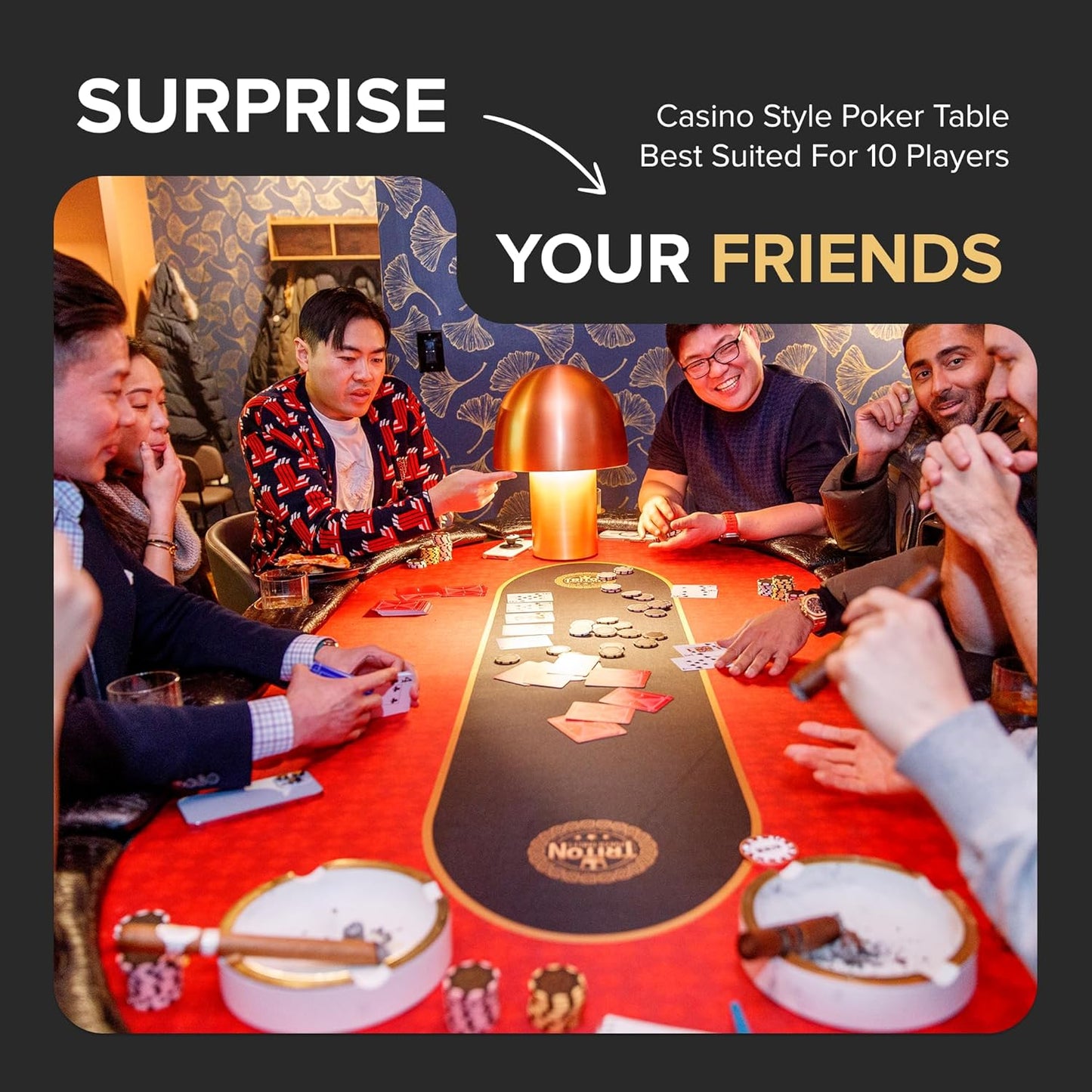 Triton Premium Poker Table for 10 Players - Foldable and Long-Lasting Poker Table, Luxurious Vegas Style Casino Experience at Home