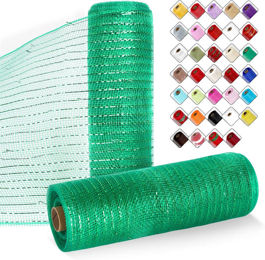 2 Rolls Mesh Ribbon for Wreaths 10 Inch x 30 Foot Wreath Mesh Rolls with Metallic Foil for Easter Christmas Party Wedding Home Decor DIY Craft Projects and Gift Wrapping (Green)