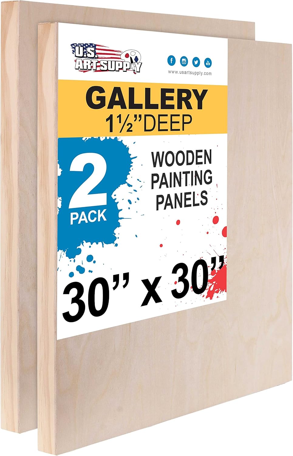 U.S. Art Supply Unfinished Cradled Wood Panels for Painting, 2 Pack of 30x30 inch - Gallery Birch Wooden Canvas Boards 1-1/2" Deep - Mixed-Media Craft, Acrylic, Oil, Encaustic, Paint Pouring