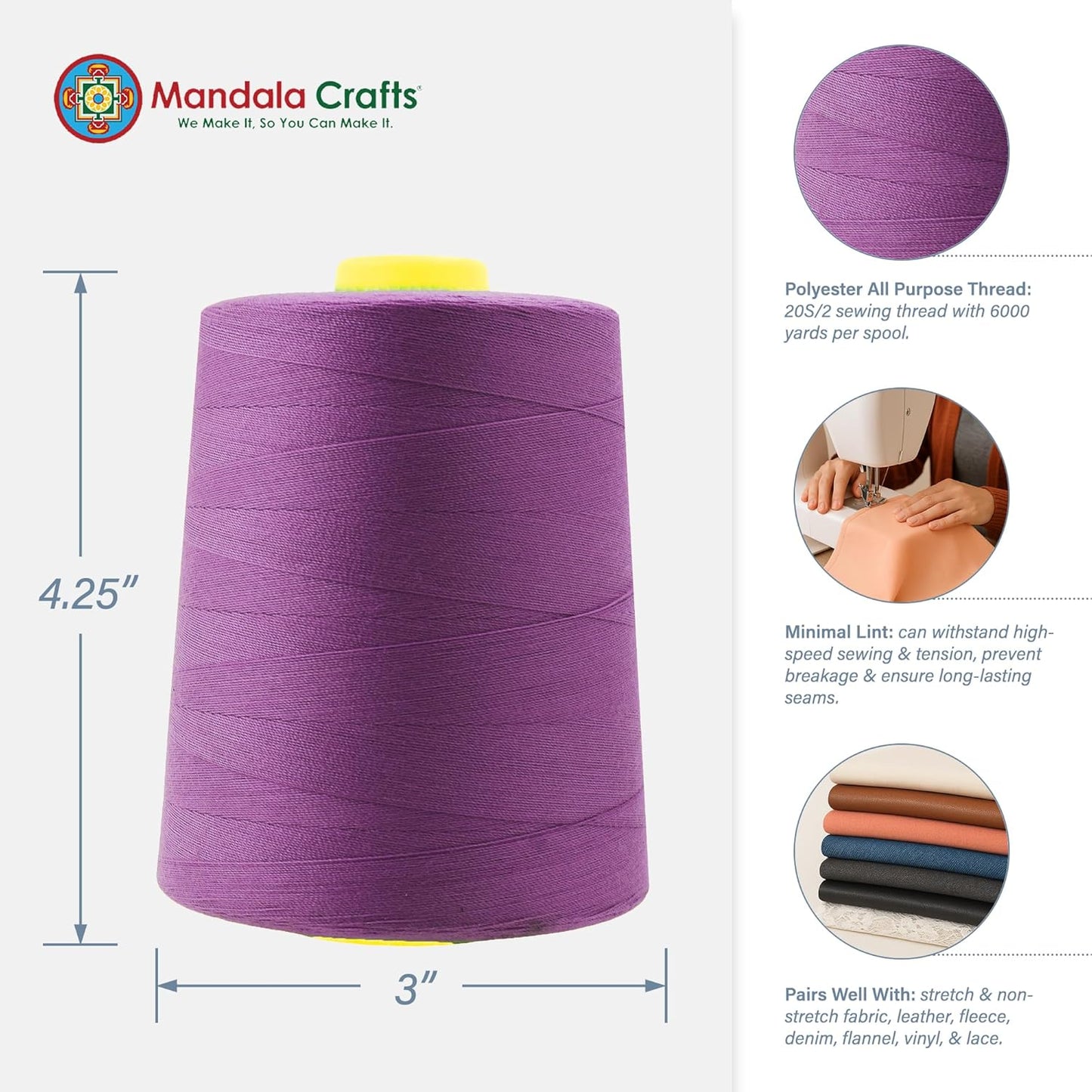 Mandala Crafts 4 Pack of Serger Threads Cones Spools - 20S/2 24000 Yards Polyester Mulberry Threads for Sergers Machine and Overlock Quilting Sewing Machine