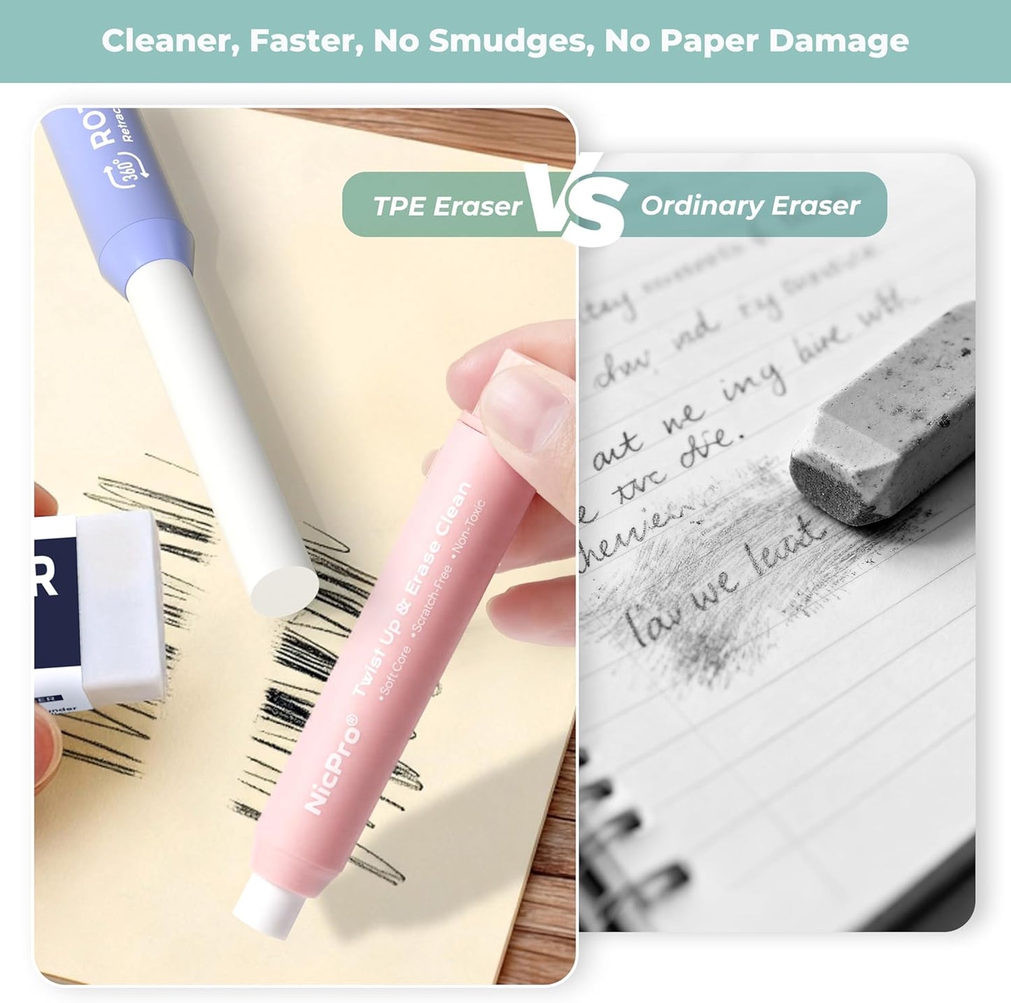 Nicpro 6 Pack Rotary Retractable Erasers Pen Style, Aesthetic Pastel Twist Erasers in Macaron Colors, Clean Erasing TPE Eraser for School Supplies, Office, Drawing & Journaling