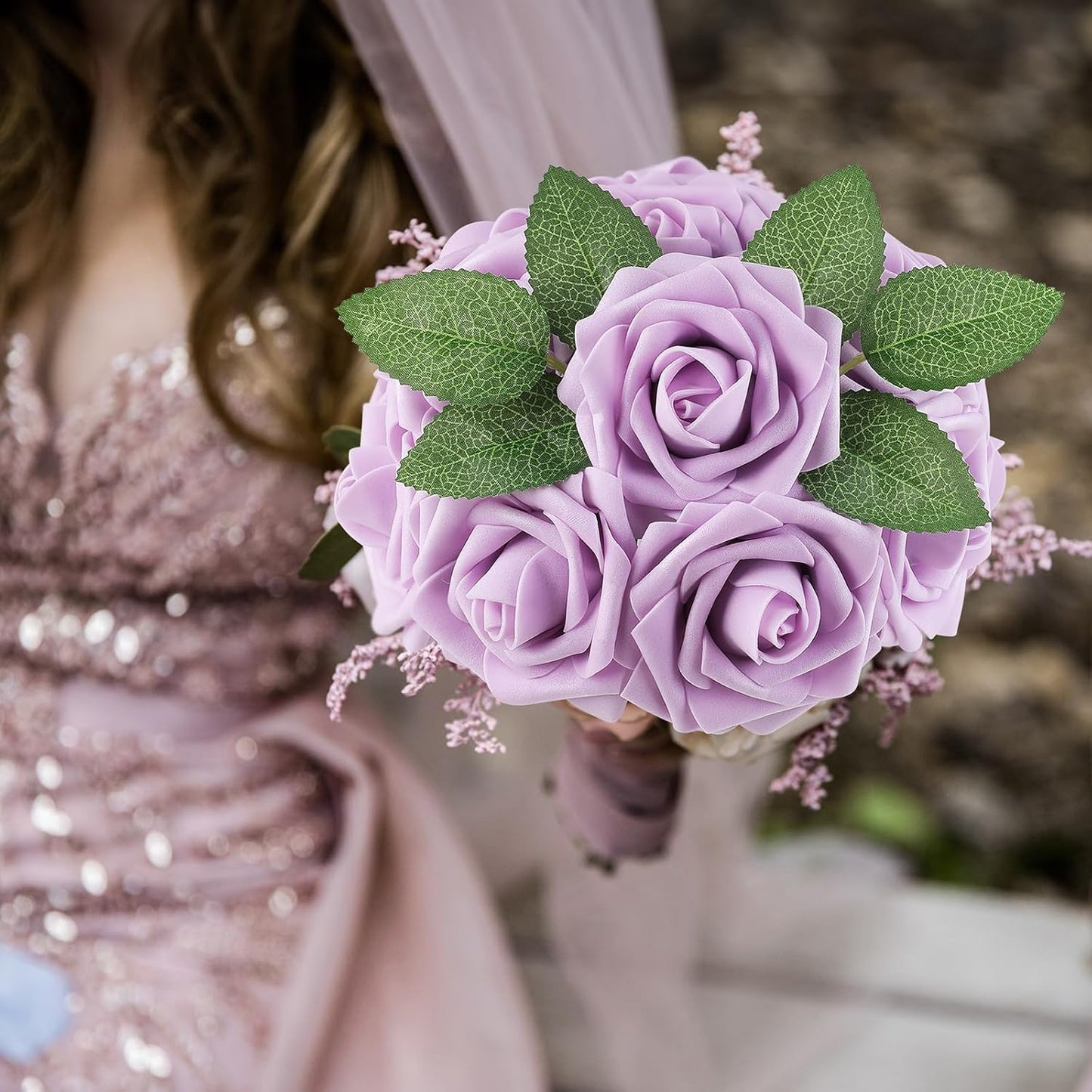 AmyHomie 25pcs Real Looking Artificial Lavender Roses w/Stem for DIY Wedding Bouquets Centerpieces Arrangements Party Baby Shower Home Decorations