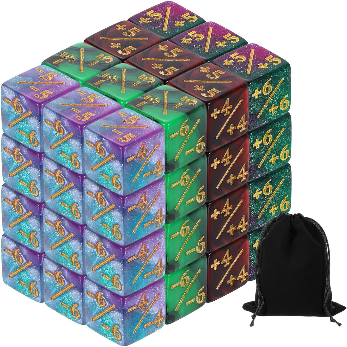 uxcell 48Pcs Magic Dice Counters, Acrylic D6 Life Token Dice Set with Pouch for Standard Cards Gaming Accessories, Red & Black, Green & Black, Green & Purple, Blue & Purple
