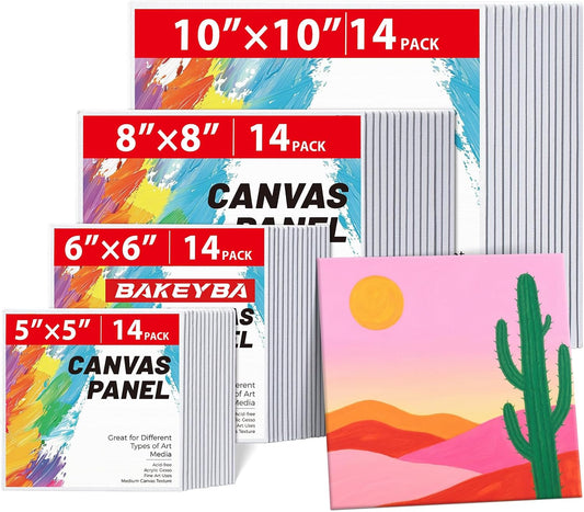 Small Canvas Boards for Kids Painting 56Pcs of 5x5, 6x6, 8x8, 10x10 inch Flat Square Canvas Panels, 100% Cotton White Acrylic Watercolor Paint