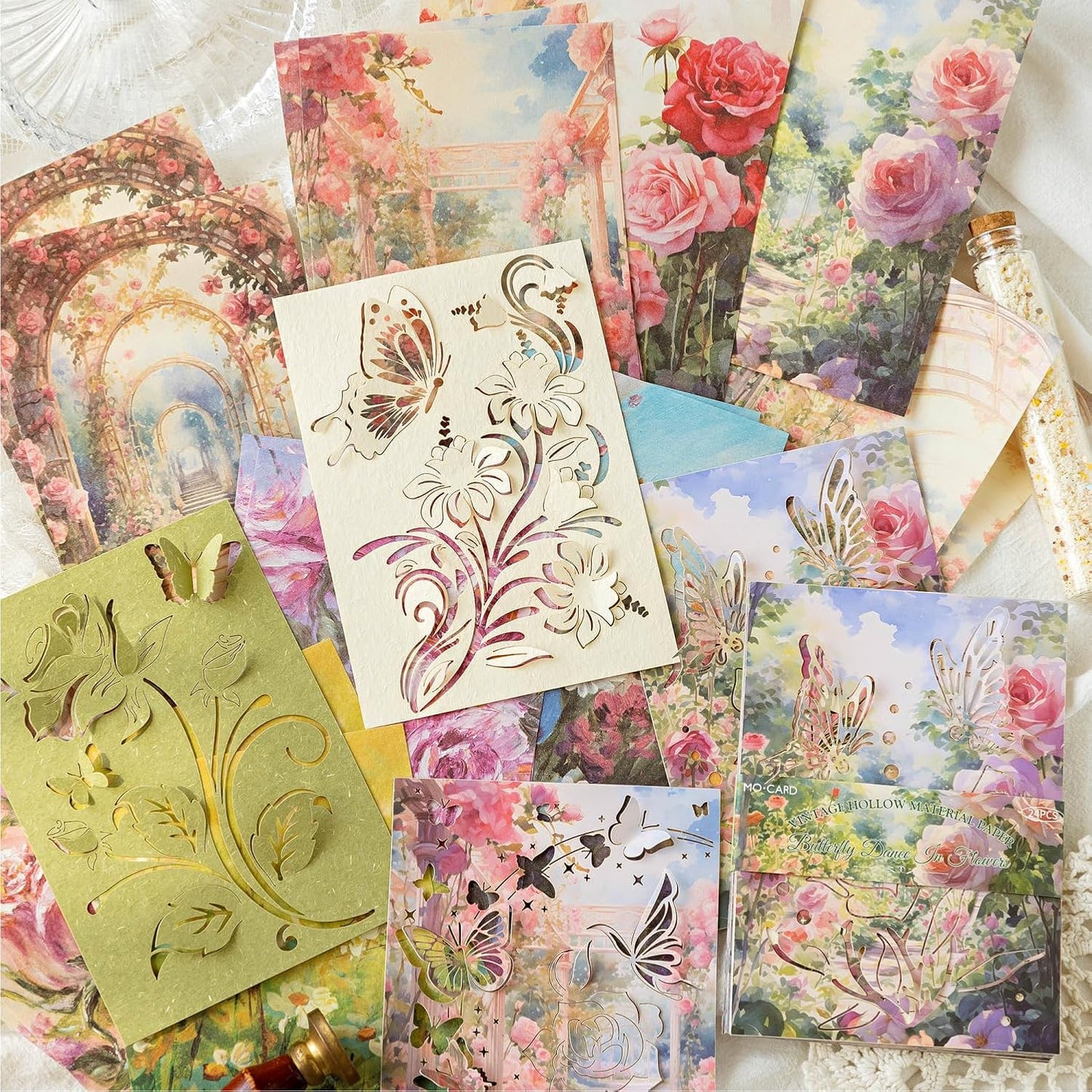 Vintage Butterfly-Themed Scrapbook Paper Set, 144 PCS Including Hollow-Out and Decorative Paper for Junk Journaling, Scrapbooking, DIY Crafts, and Art Supplies