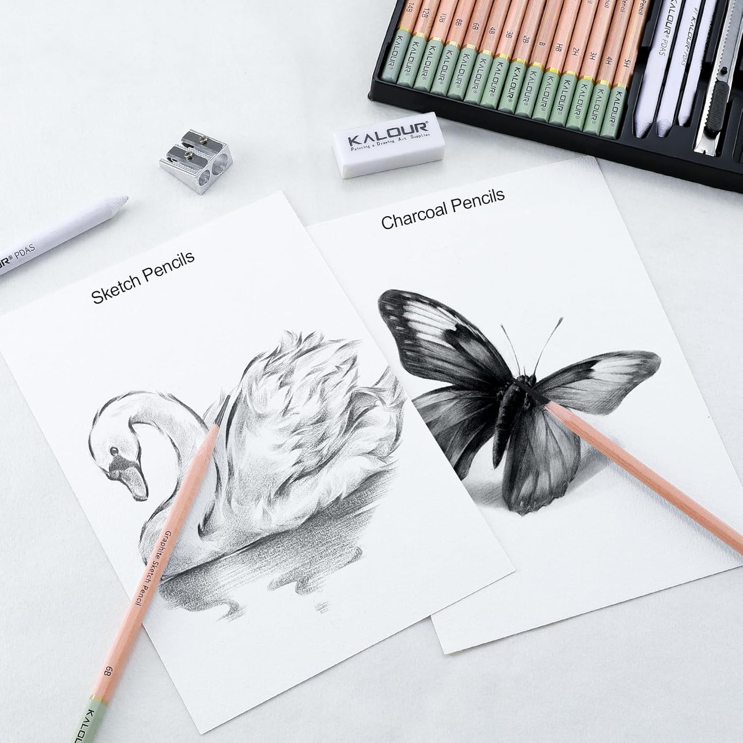 KALOUR 28 Pro Sketching Drawing Pencils Set – 14 Graphite Pencils (14B–5H), Charcoal Pencils, Erasers, Sharpener & Stumps – Complete Art Kit for Artists & Beginner