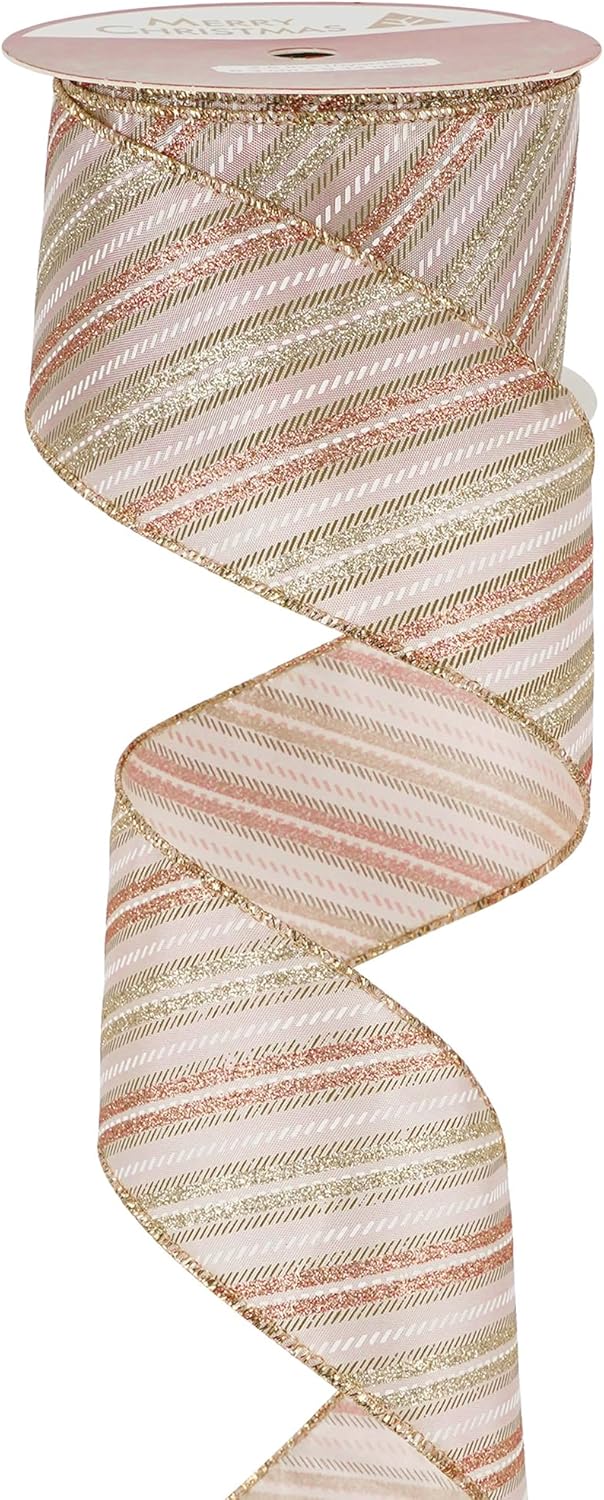 MEEDEE Pink Diagonal Striped Ribbon 2.5 Inch Blue Satin with Rose Gold and Champagne Glitter Wired Ribbon for Christmas Tree, Garlands, Wreaths, Topper Bow (10 Yards)