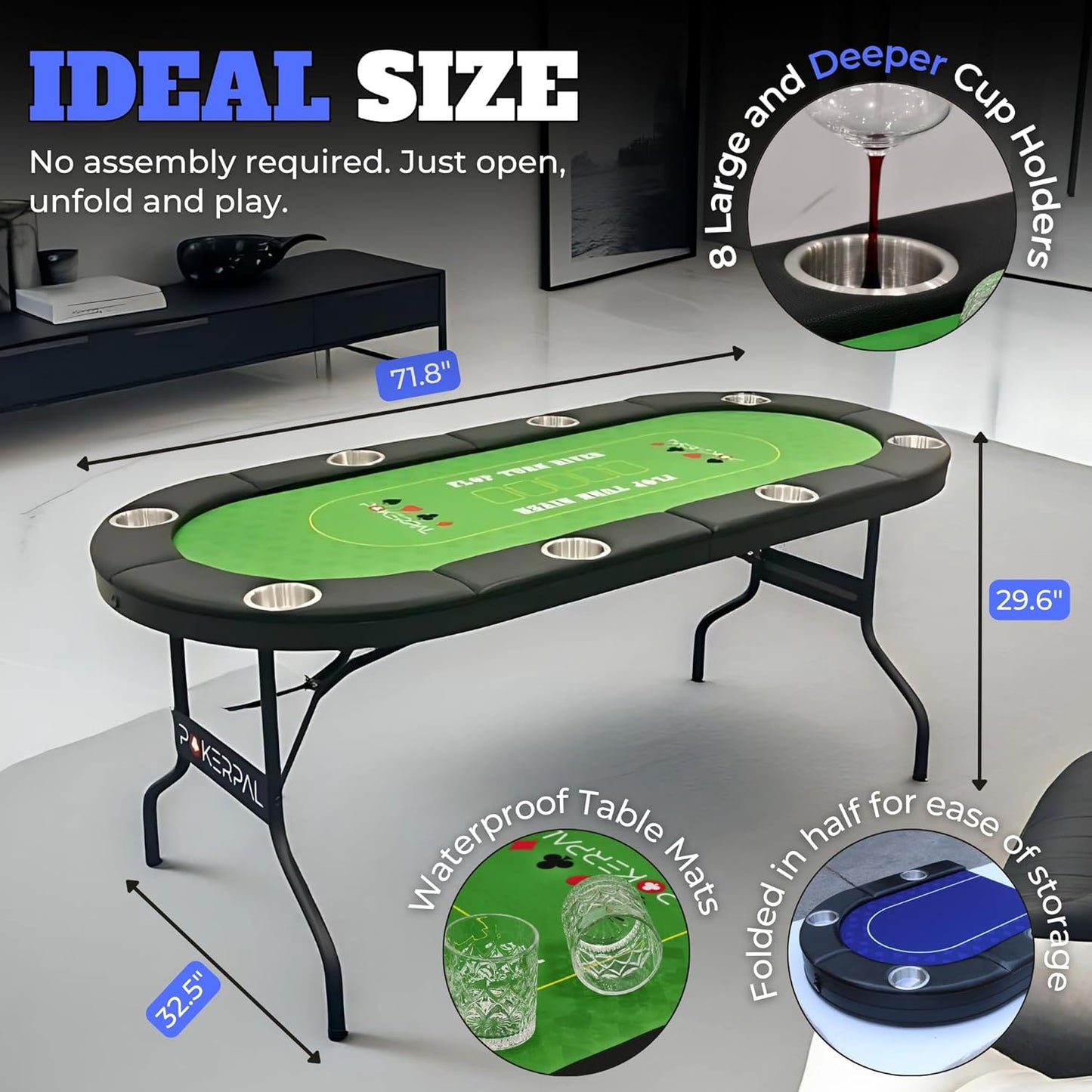 8 Player Poker Table with 2 Interchangeable Game mats, Texas Holdem Poker and Blackjack, Collapsible Casino Table with Padded Rails and XXL Cup Holders for Wine and Whiskey Glasses, (71 in)