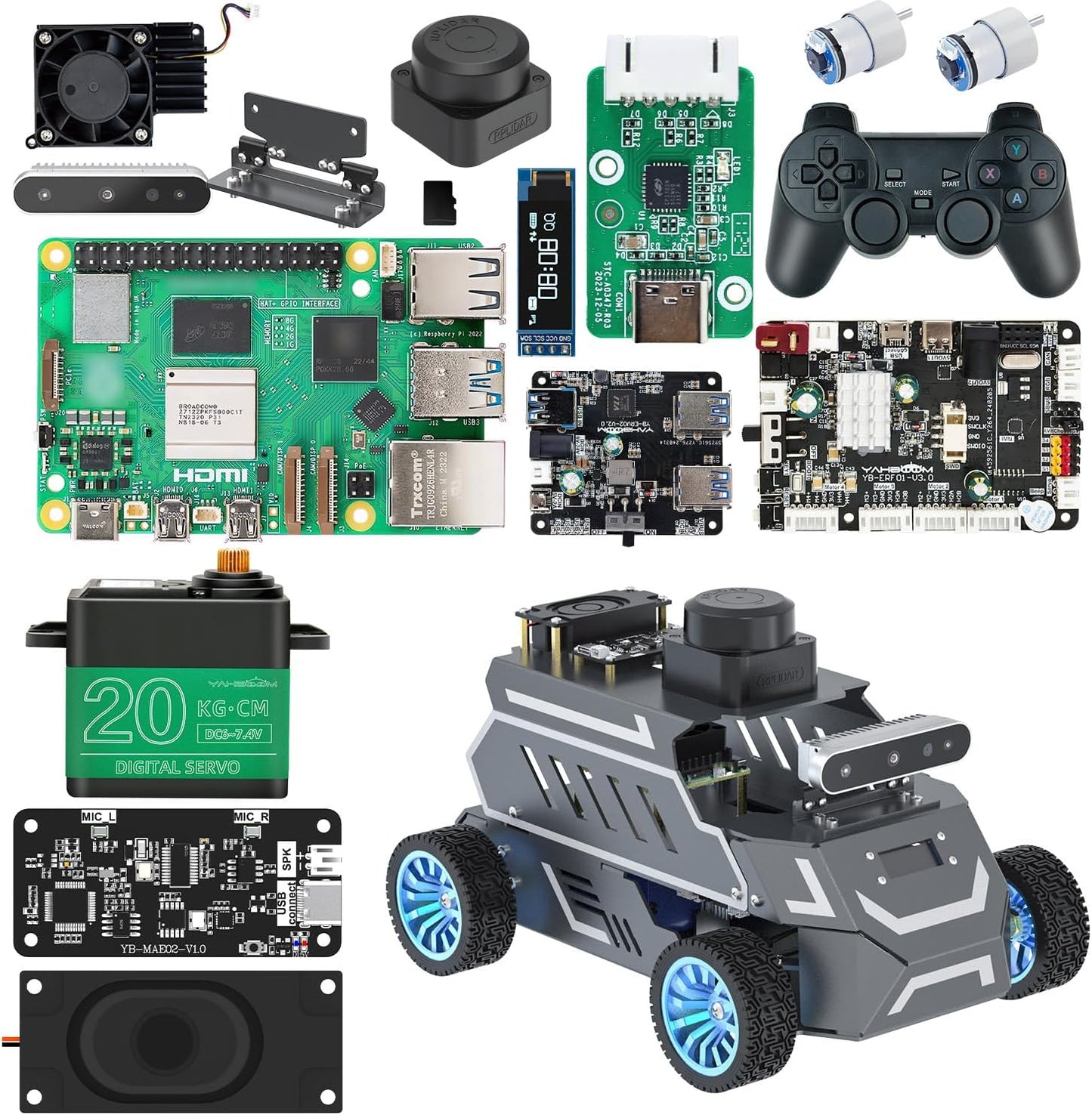 Yahboom Raspberry Pi 5 8GB for AI Robot Car,Supports RVIZ Simulation ROS2,TOF Lidar,SLAM Mapping Navigation, Tracking and Obstacle Avoidance (Ultimate Ver with Pi5-8GB)