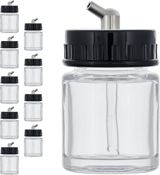 Master Airbrush (Pack of 10) TB-003 Empty 3/4 Ounce (22cc) Glass Jar Bottles with 60° Down Angle Adaptor Lid Assembly - Fits Single-Action Siphon Feed Airbrushes, Use with Master Badger Paasche, Iwata