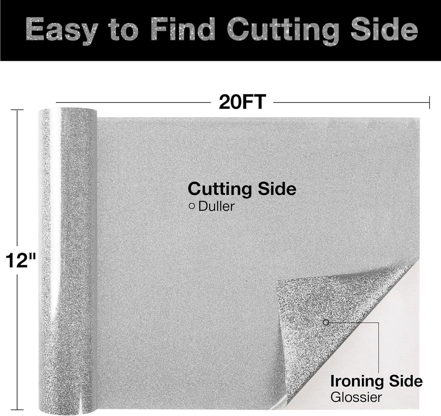 TORC Silver Glitter HTV Heat Transfer Vinyl Roll 12 inch x 20 ft Iron on Vinyl for T Shirts Crafts Bulk