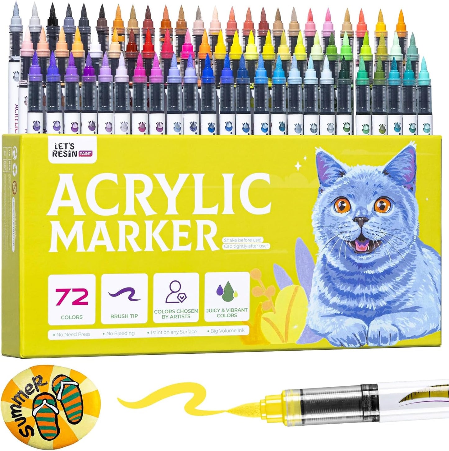 LET'S RESIN PAINT Acrylic Paint Markers Brush Tip 72 Colors,Automatic Ink Control Acrylic Paint Pens,No Bleed & Good Coverage Acrylic Markers for Coloring Books,Rock Painting,Canvas,Ceramic,Wood