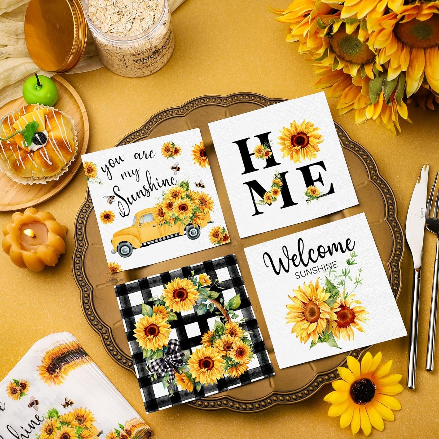 Fulmoon 200 Pieces Summer Sunflower Cocktail Napkins Disposable Floral Dessert Paper Napkins Bulk Sunshine Decoupage Beverage Towel for Summer Sun Party Dinner Decorative