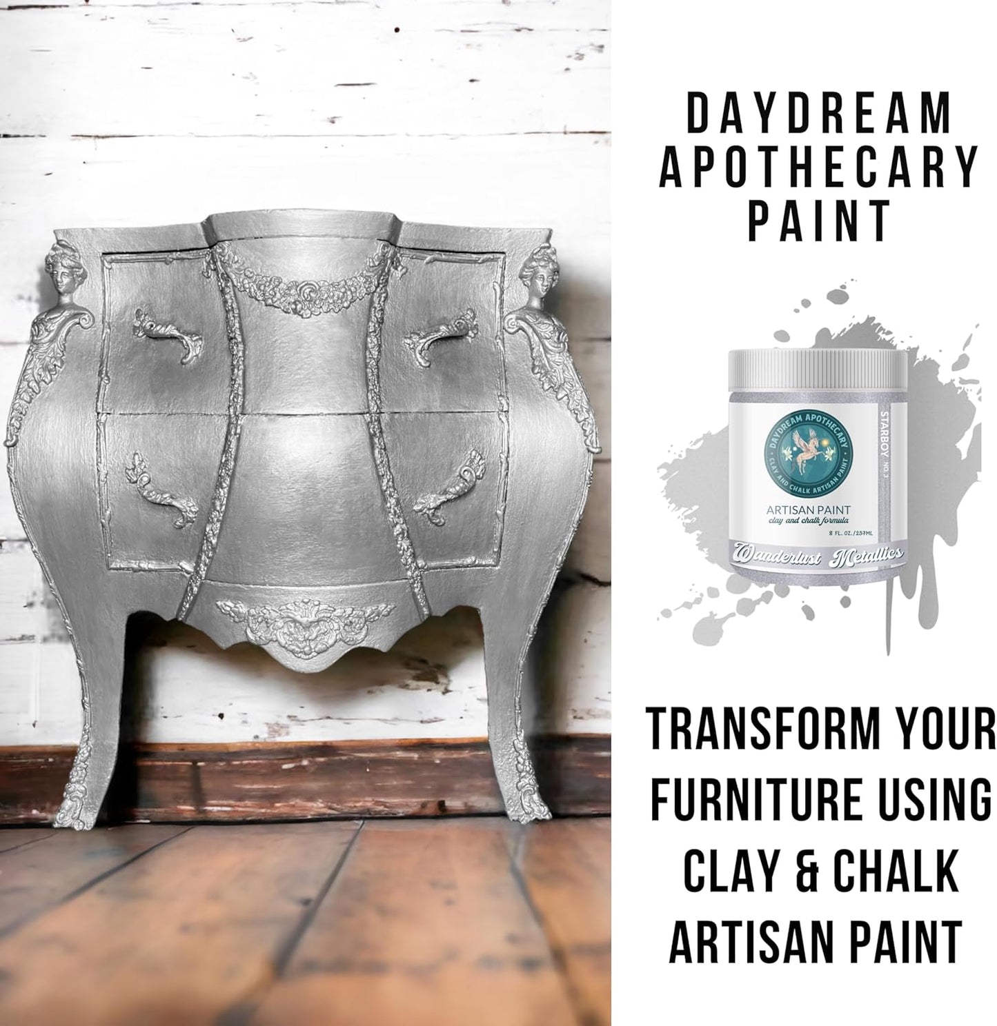 Daydream Apothecary Premium Chalk Style Paint for Furniture, Home Décor, Wood, DIY Interior Projects, Quick Dry, No Prep or Prime Needed, Matte Silver - 8oz