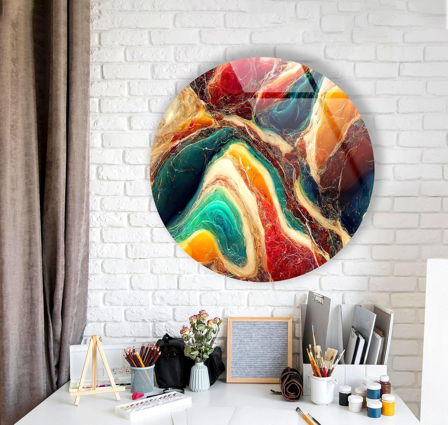 My Photostation.com 27.5''(70cm) Diameter Colorful Marble Swirl Round Wall Art Abstract Glass Decor with Earthy Tones & Gemstone Texture