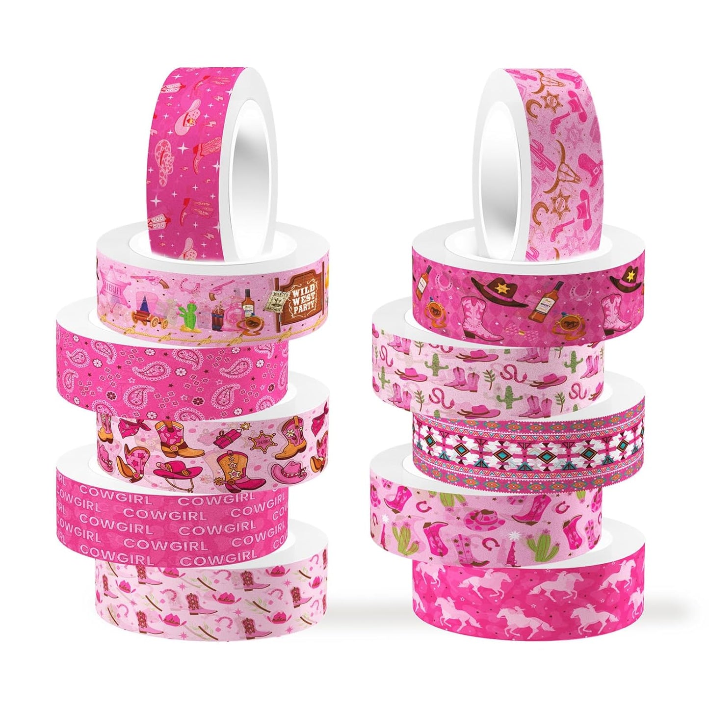 12 Rolls Western Washi Tape, Pink Wild West Masking Tapes, Western Cowboy Cowgirl Decorative Paper Stickers for Scrapbook Journal DIY Art Crafts Wrapping Birthday Party Supplies 16.4FT