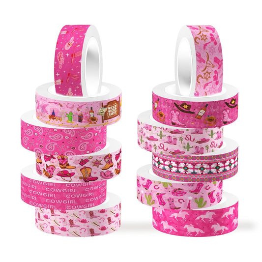 12 Rolls Western Washi Tape, Pink Wild West Masking Tapes, Western Cowboy Cowgirl Decorative Paper Stickers for Scrapbook Journal DIY Art Crafts Wrapping Birthday Party Supplies 16.4FT