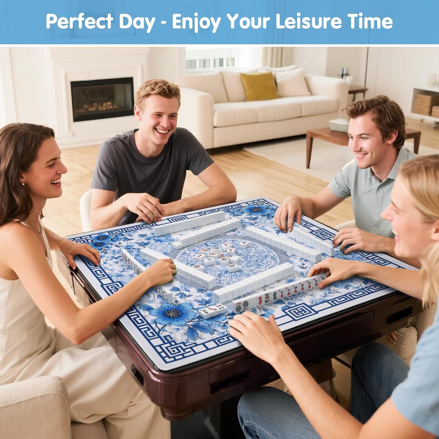 Mahjong Mat for Table 33x33 Inch, No-Crease, Anti-Slip, Noise-Reducing American Mahjong Mat, Mahjong Table Mat with Carry Bag,Neoprene Mahjong Mat for Poker, Card, Board(Blue)