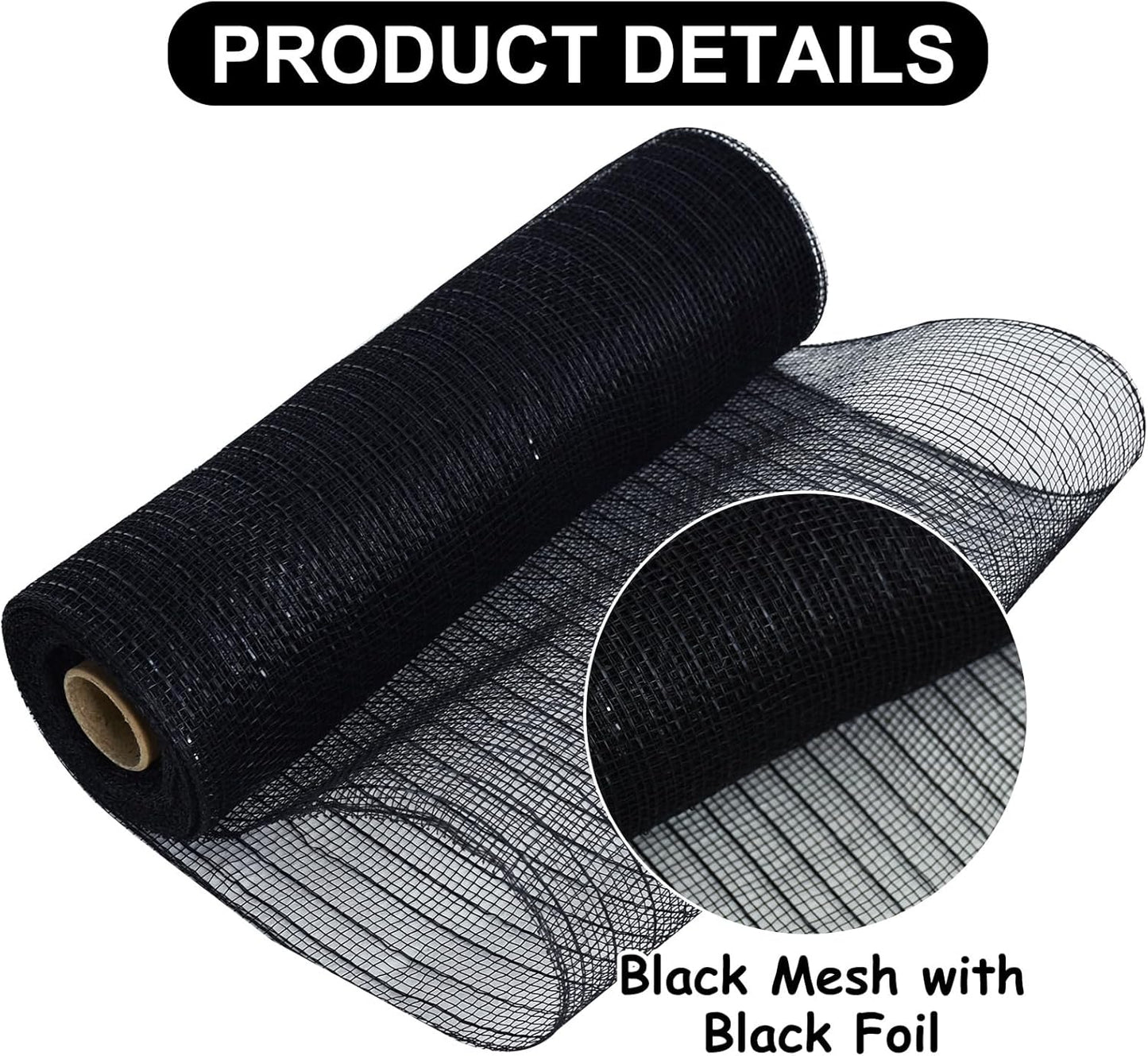 TONIFUL 2 Rolls 10 Inch Black Decorative Mesh Ribbbon Rolls, Fabric Mesh with Foil for Wreath Supplies, Front Door Wreath Crafts Tree Decor Christmas NewYears Halloween Decoration (10 yds/roll)