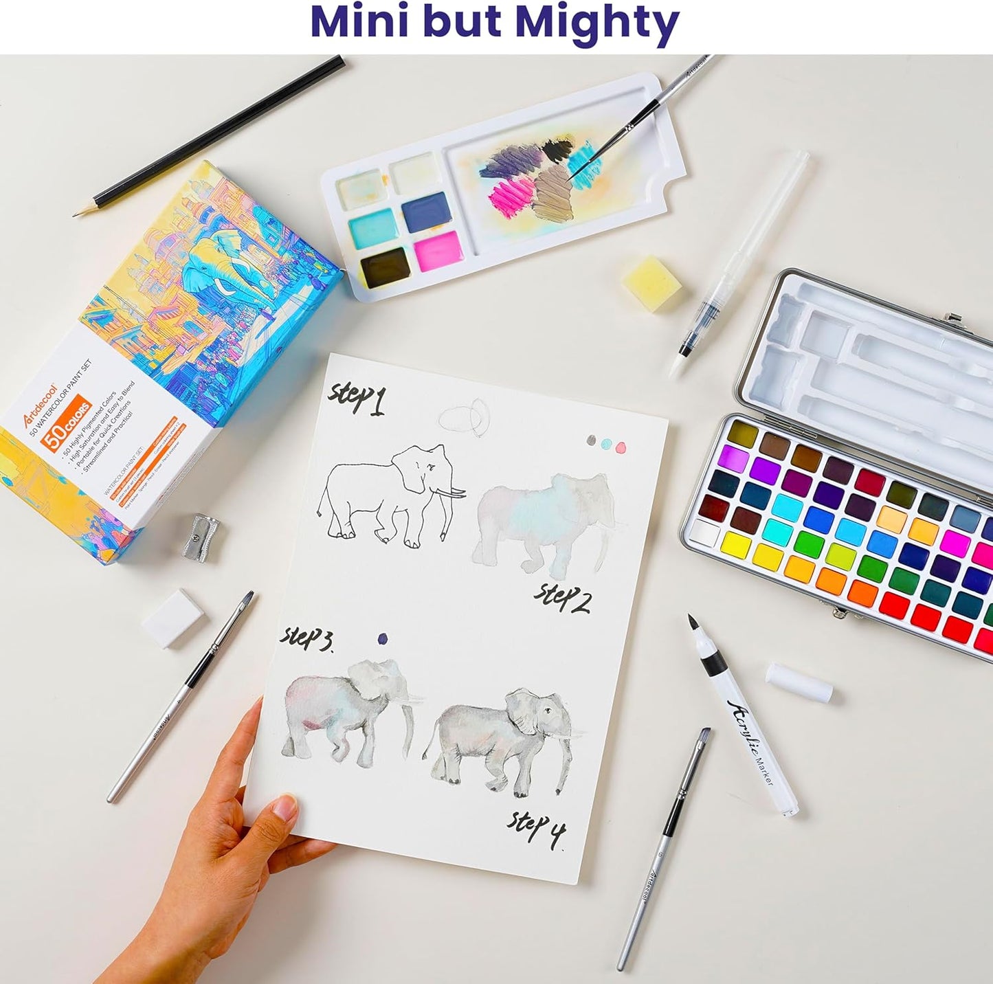 Watercolor Paint Set, 50 Colors, 4 Brushes, 3 Swatch Cards, Palette, Acrylic Marker Pen, and Accessories Included, All in One Portable Travel Watercolor Kit, Art Supplies Gift for Kids, Adults, Artists, and Hobbyists