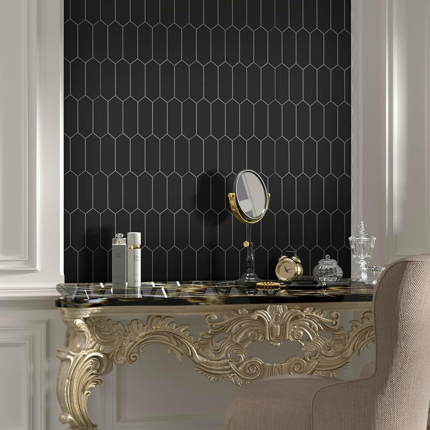 SUNWINGS Backsplash Tile for Kitchen Peel and Stick, Stone Composite Self Adhesive Tiles Long Hexagon Mosaic Wall Tile for Kitchen, 12 Inch x 11.22 Inch 10 Sheets Black Matte