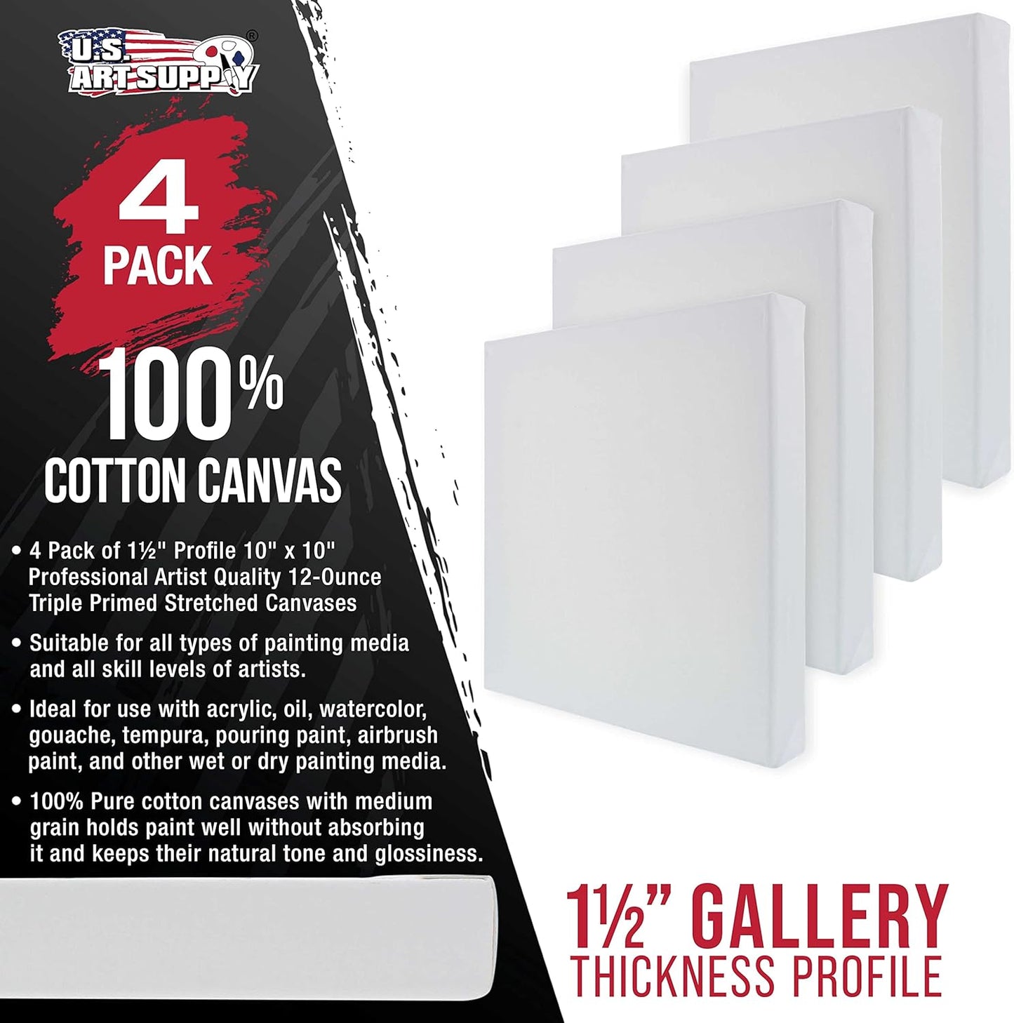 U.S. Art Supply Square Stretched Canvas for Painting 10x10 inch Gallery Depth 1-1/2" Thick, 4-Pack - 12oz Acrylic Gesso Triple Primed, Professional Artist Quality, 100% Cotton - Pouring, Oil Paint