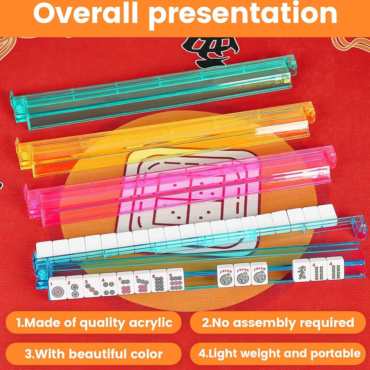 Mahjong Racks with Pushers,4 Colors Acrylic American Majiang Tile Racks,Imports Modern Mahjong Racks with Built-in Pushers- Set of 4