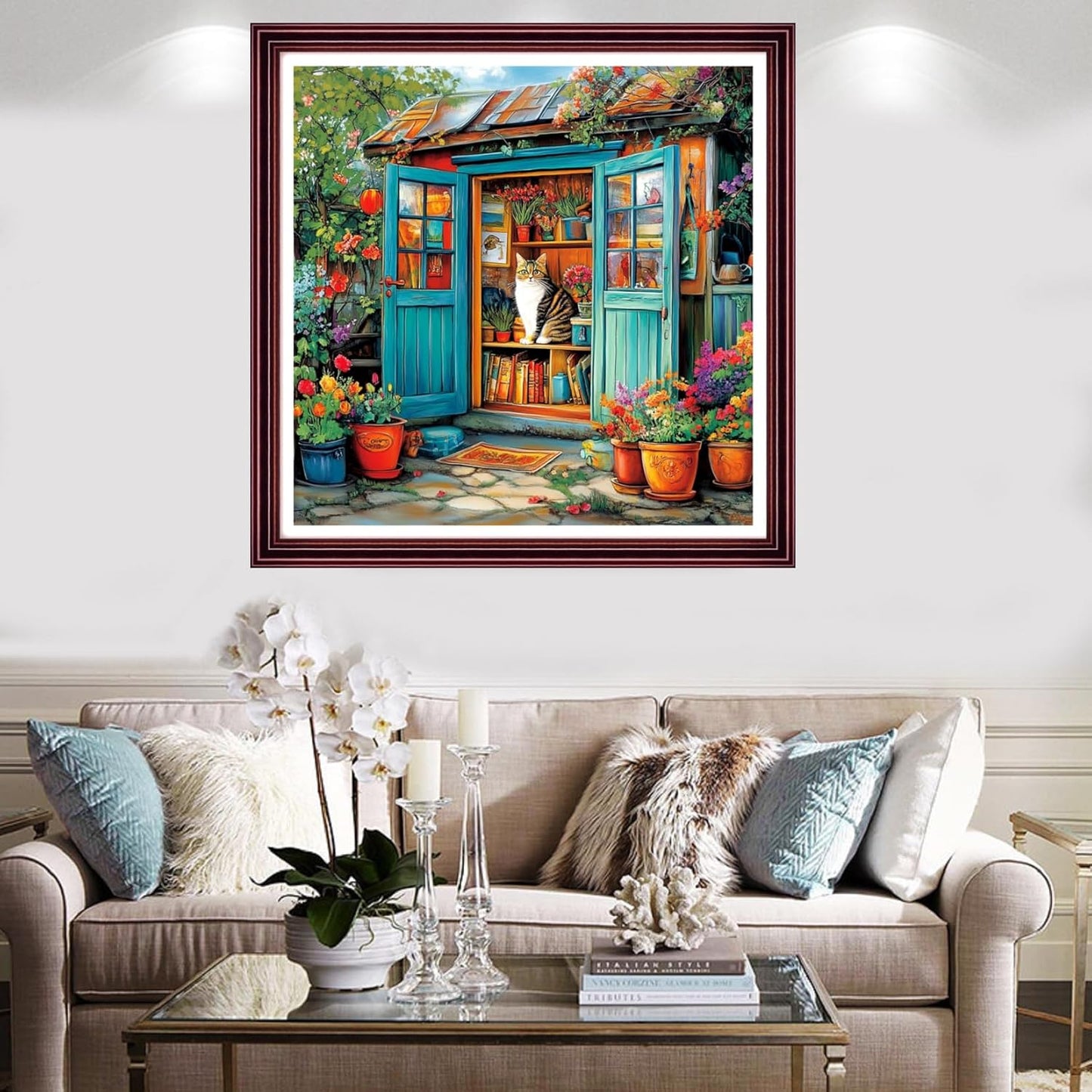 Redxing Stamped Cross Stitch Kits Full Range of Embroidery Starter Kits- Needlepoint Counted Cross Stitch Kits for Beginner Adults 11CT Printed Embroidery Kit-Cat Flower Home 18x18 inch