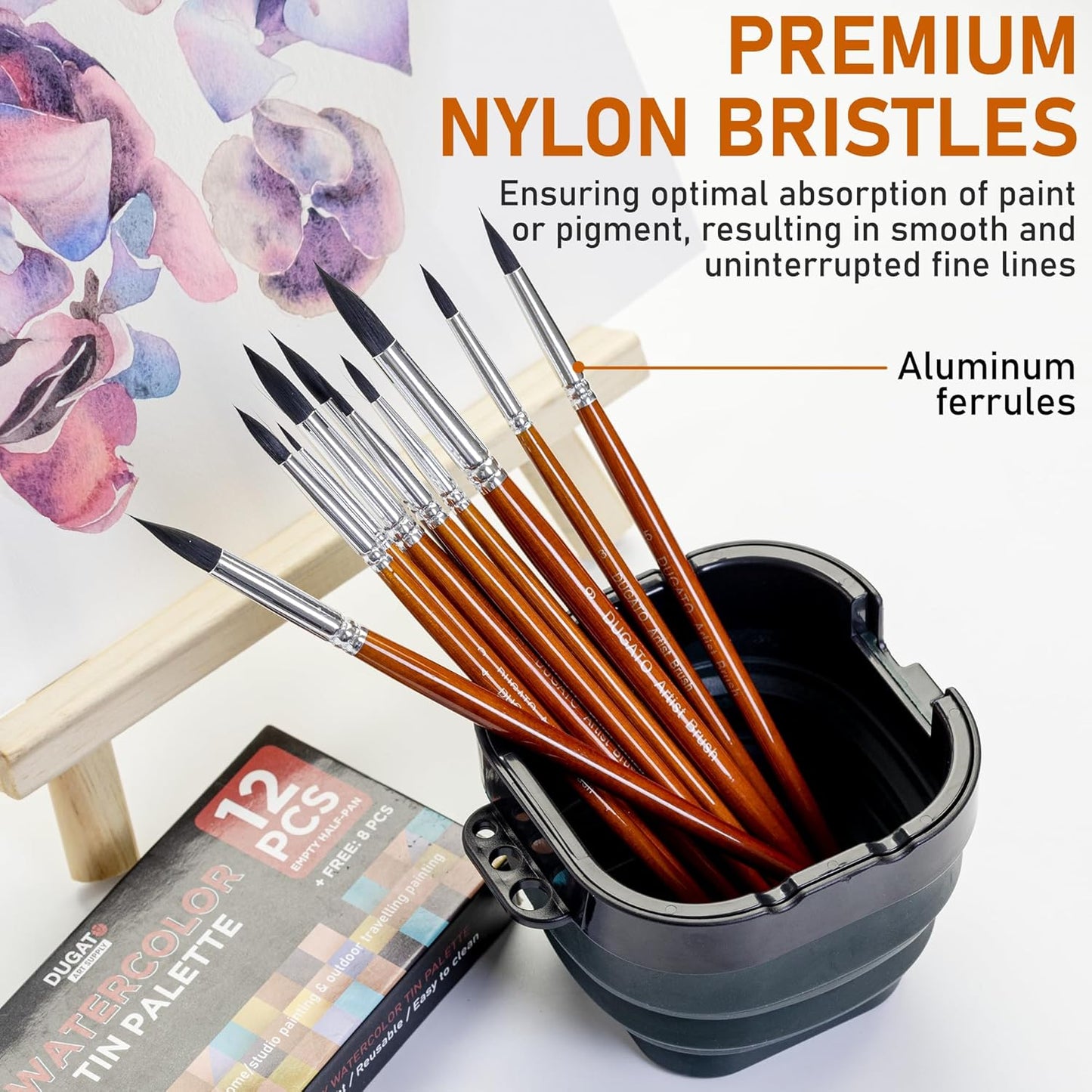 DUGATO Artist Paint Brush Set (10 Sizes) - Fine Tip Round Synthetic Brushes for Watercolor, Acrylic, Gouache, Oil Painting & Crafts - Professional Quality Art Supplies