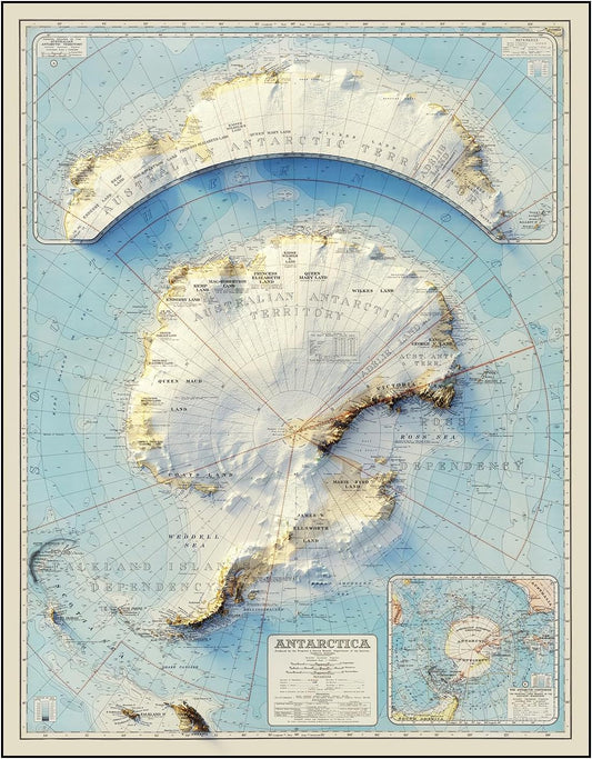 Muir Way Shaded Relief Elevation Map of Antarctica - Vintage-Style Topographic Wall Art with Map Look - Unframed Flat Paper Print, 28x36