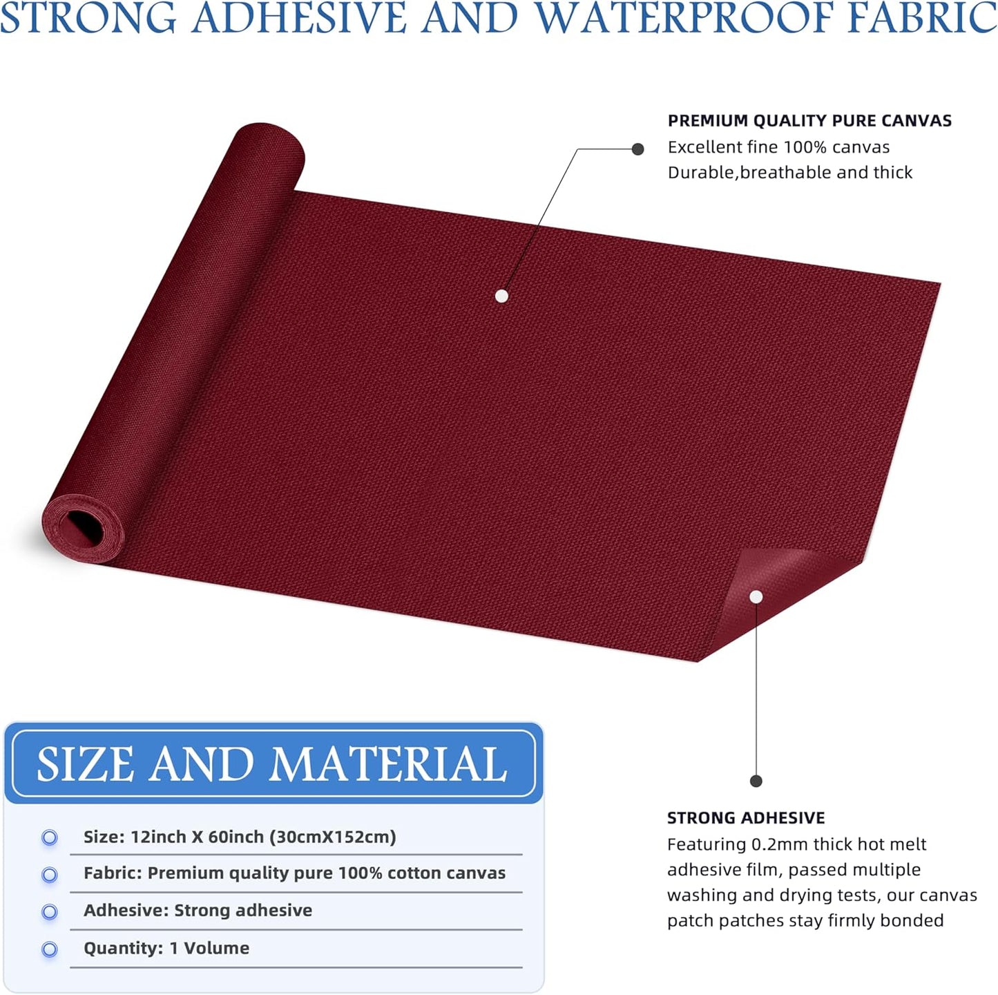 KING MOUNTAIN Canvas Iron on Patch,12"×60",Waterproof 100% Cotton Fabric Repair Patch,Used for Various Sofa,Tent,Clothes,Seats,Suitcases (Burgundy,Waterproof)