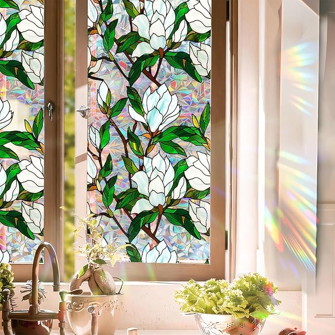 Stained Glass Window Film UV Resistant Window Privacy Film White Floral Privacy Rainbow Decals Living Room Bedroom Sun Blocking Decor Removable Static Cling Stickers 17 x 39.37 Inch