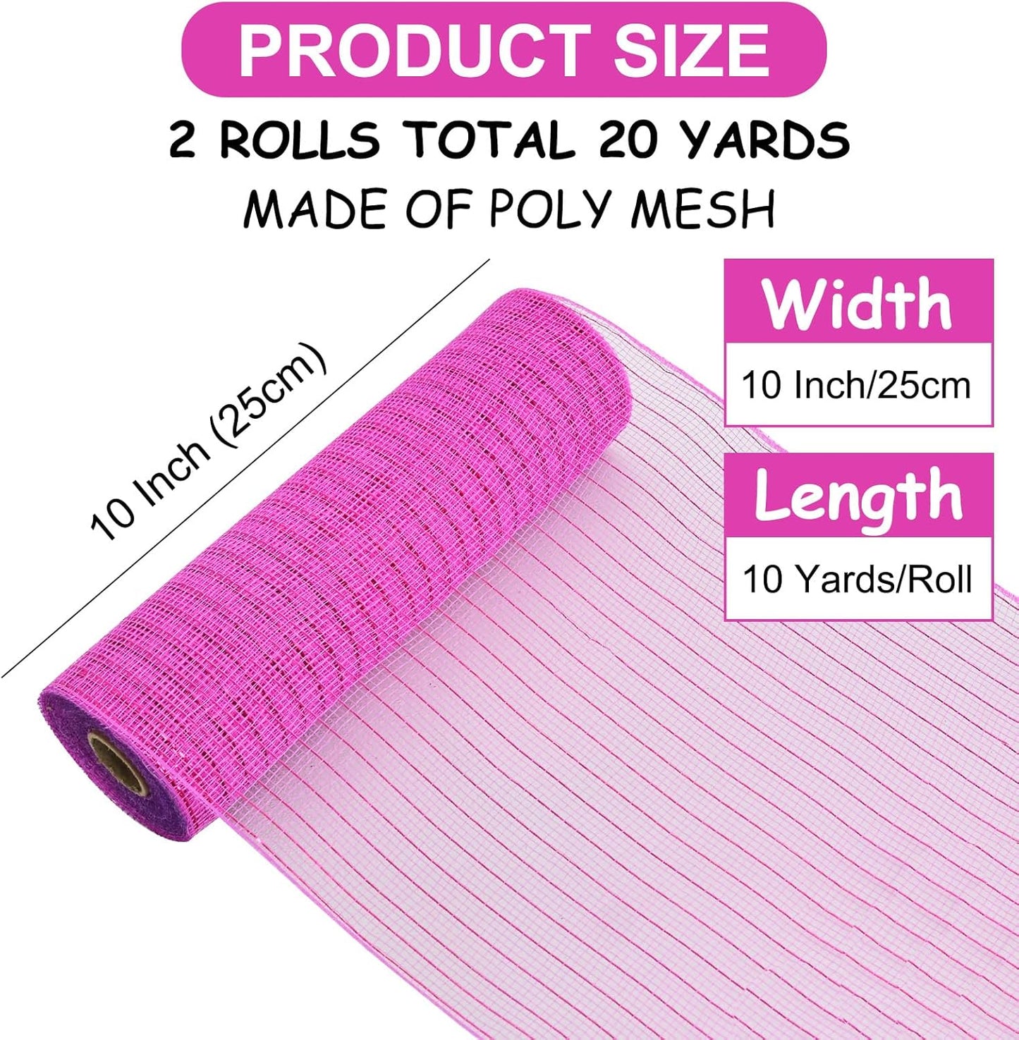 TONIFUL 2 Rolls 10 Inch Hotpink Decorative Mesh Ribbbon Rolls, Fabric Mesh with Foil for Wreath Supplies, Front Door Wreath Crafts Tree Decor Christmas NewYears Halloween Decoration (10 yds/roll)