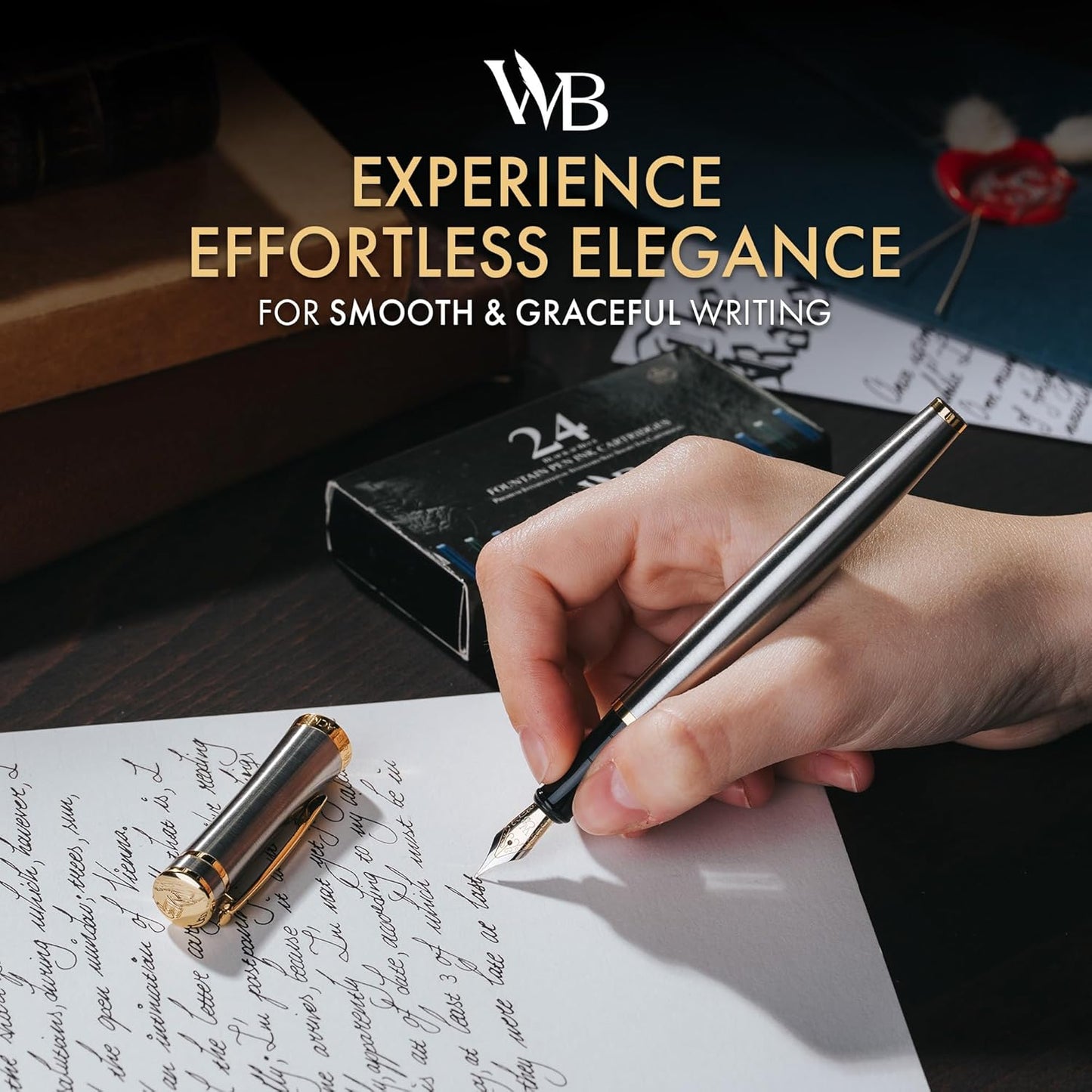 Wordsworth & Black Fountain Pen Set, Medium Nib, Includes 24 Ink Cartridges and Ink Refill Converter, Gift Case, Journaling, Calligraphy, Smooth Writing Pens [Silver Gold], Perfect for Men and Women