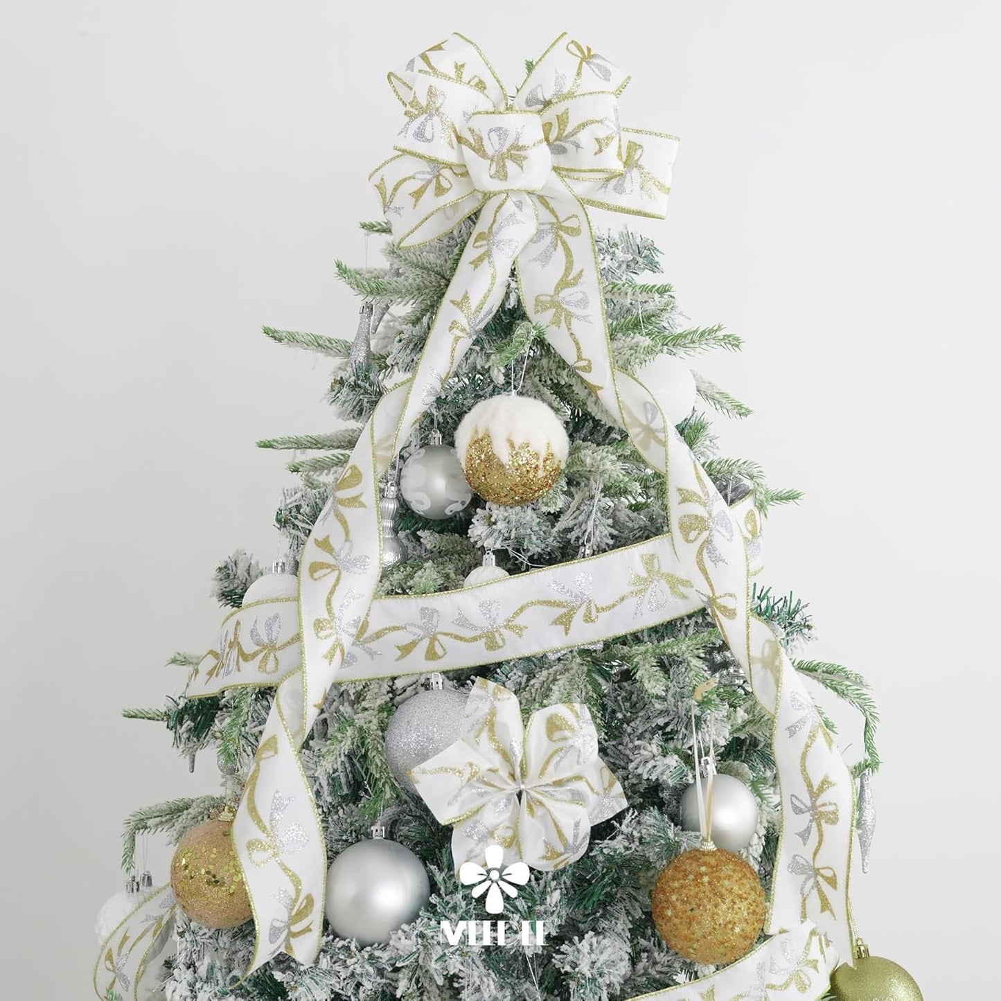 MEEDEE Gold & Silver Christmas Ribbon - 2.5 Inch White Satin with Glittery Bows Pattern - 10 Yards Wired Ribbon for Tree, Garlands & Toppers