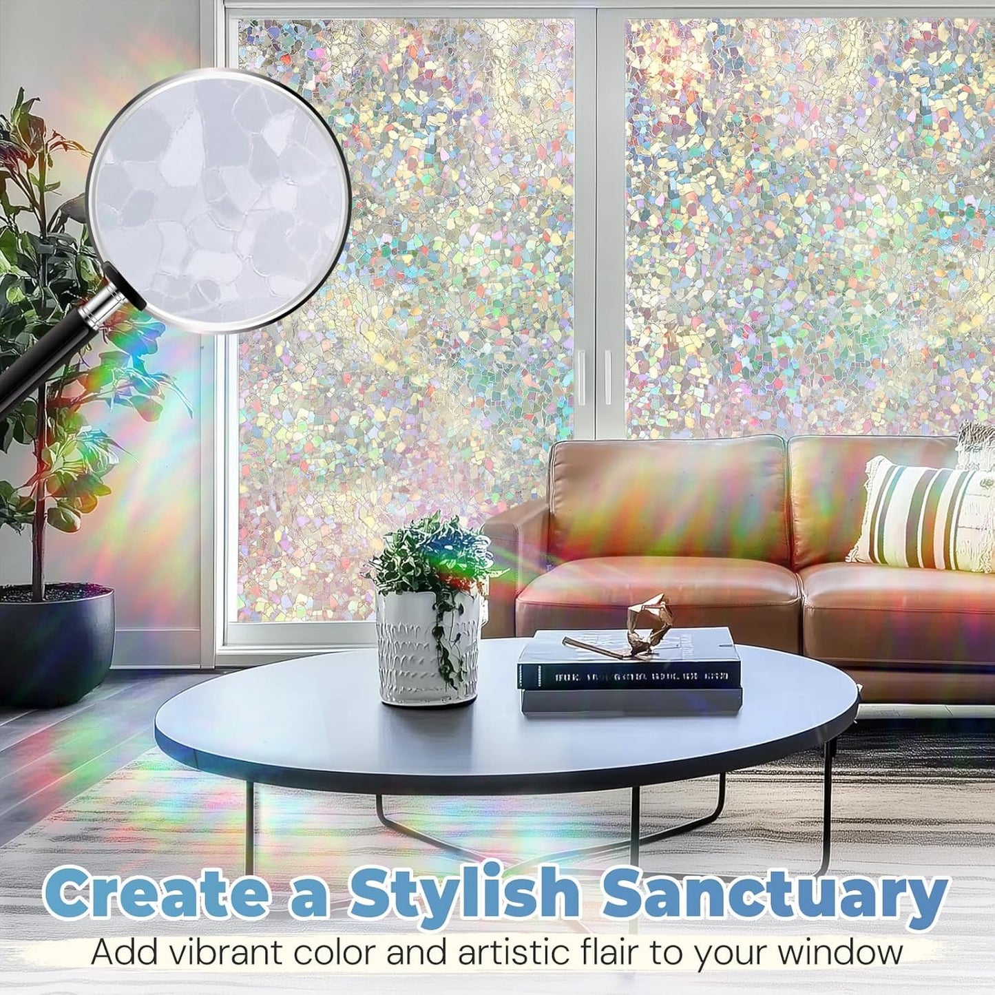 DOWELL Window Privacy Film Rainbow Film, Stained Glass Decorative Sticker, Static Cling Non-Adhesive Glass Clings, Sun Blocking Heat Control Window Coverings for Home Door, 17.5" x 118.1"