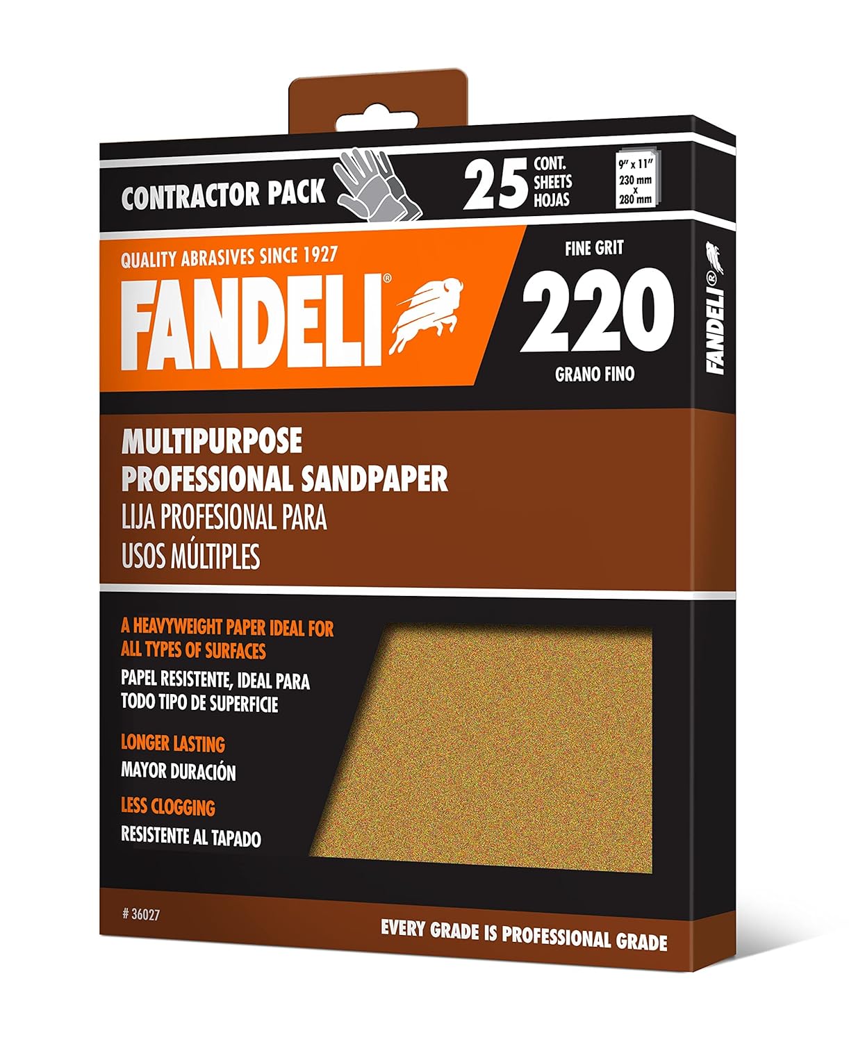 Fandeli 36027 220 Grit Multipurpose Sandpaper Sheets, 9" x 11", 25-Sheet