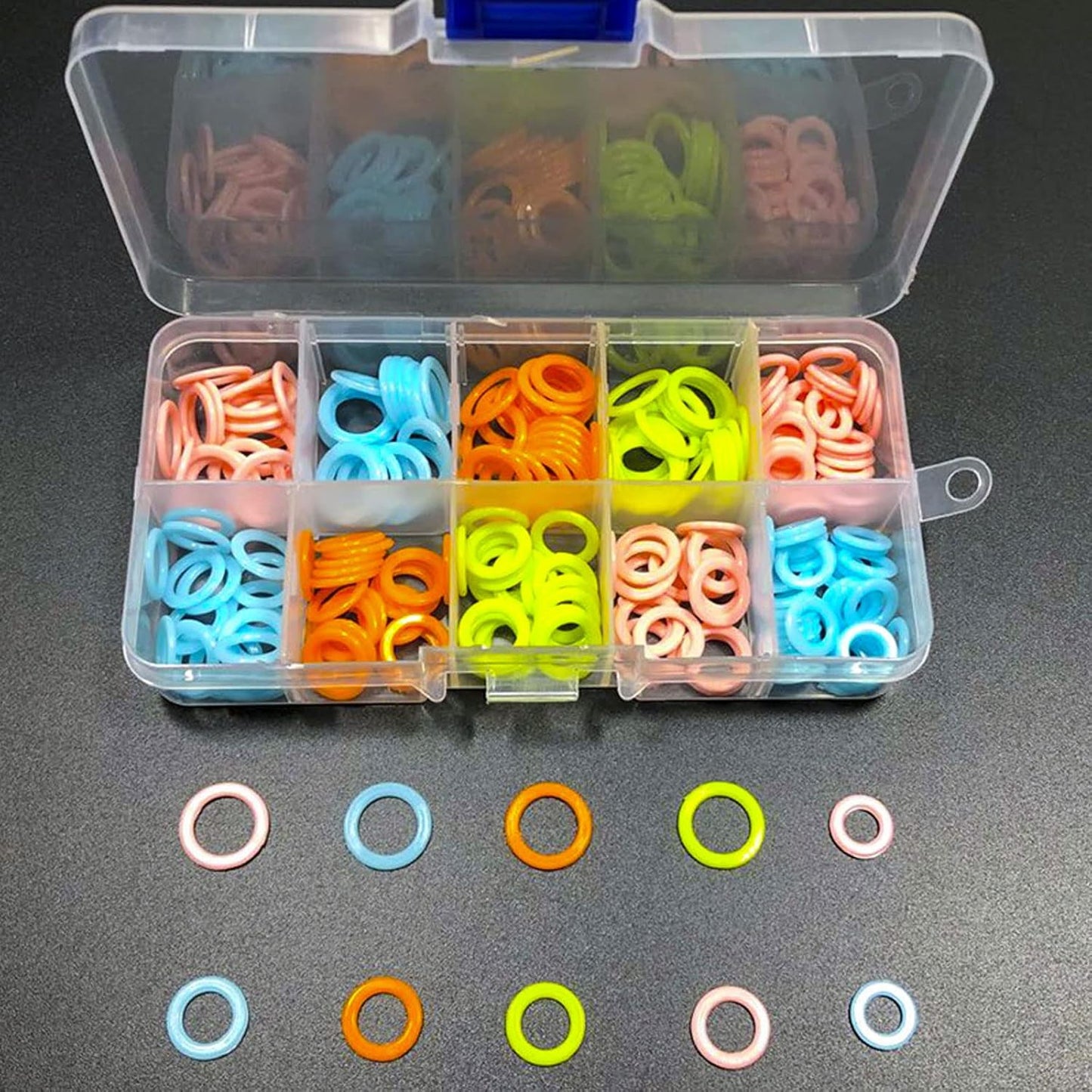 Hilsayum 240PCS Round Knitting Stitch Rings Plastic Crochet Stitch Markers with 10 Grid Storage Box Sewing Accessories