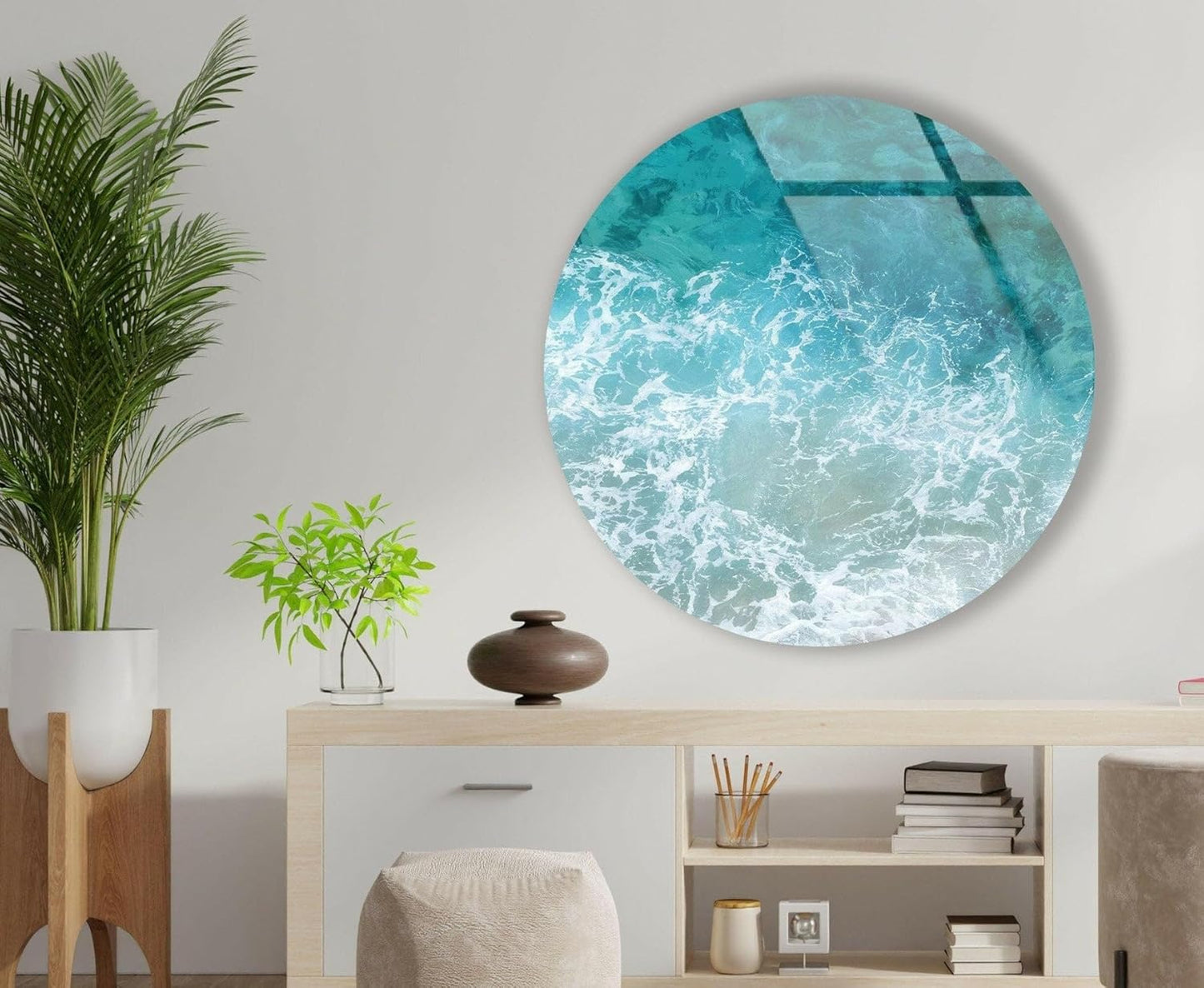 My Photostation.com 15.8''(40cm) Diameter Sea Waves Round Glass Wall Art Tempered Glass Printing Wall Decor Large Wall Art Wall Hangings