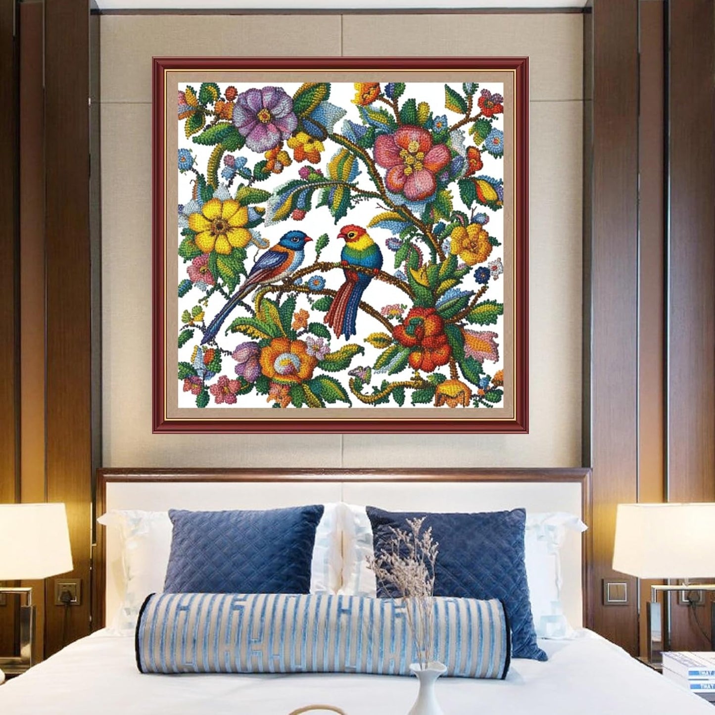 DMCXART Counted Cross Stitch Kits for Adults Needlepoint Kits Unprinted Cross Stitching Embroidery Kit 11CT Cross Stitch Supplies-Colorful Flowers and Birds 18x18 inch