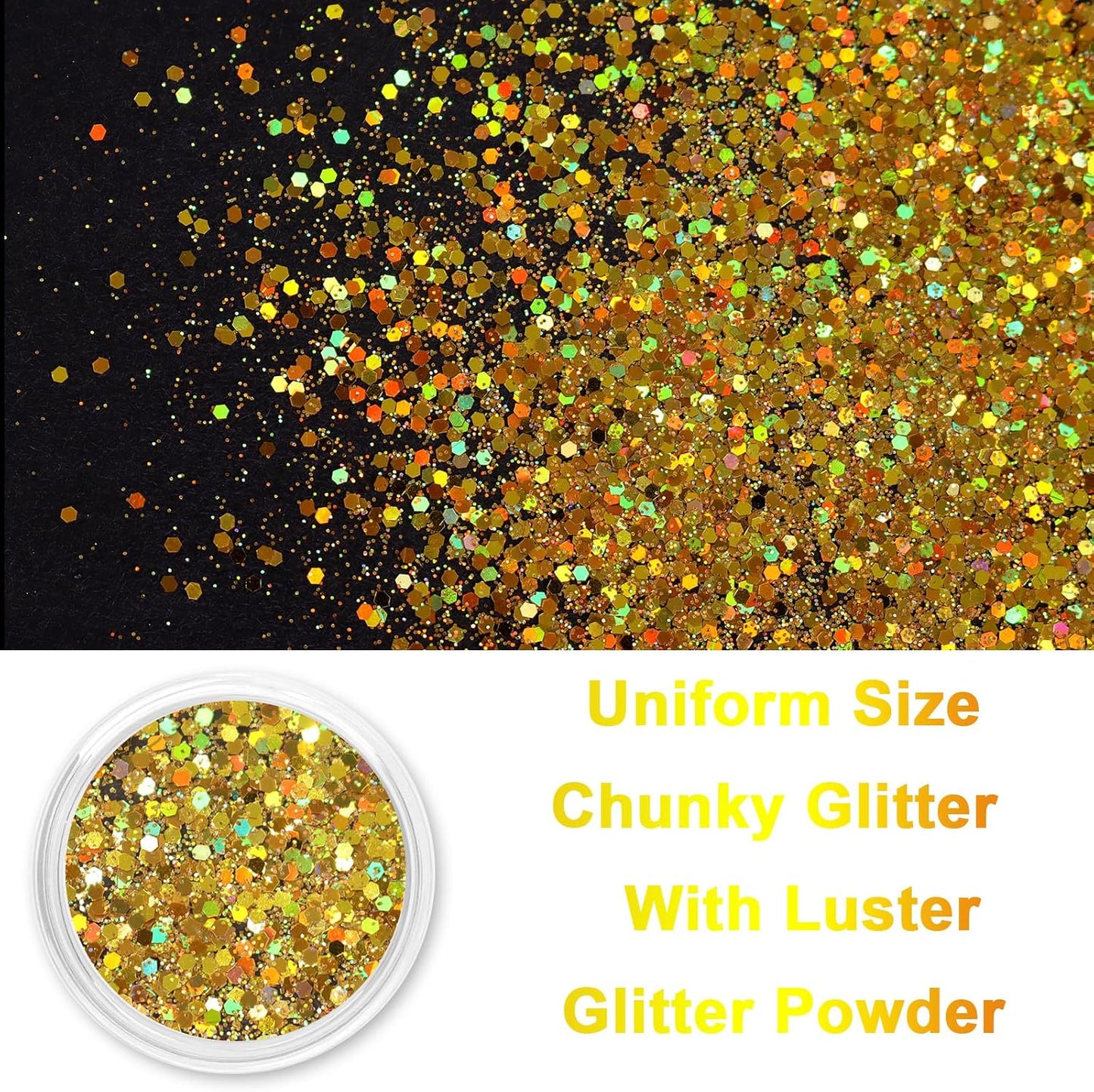 Renfio Holographic Glitter, 2.11oz/60g Medium Size Chunky Mix, Ultra Fine Gold Sequins for Crafts, Christmas, Resin, PET Flakes for Nail Art, Tumblers, Slime - Laser Gold