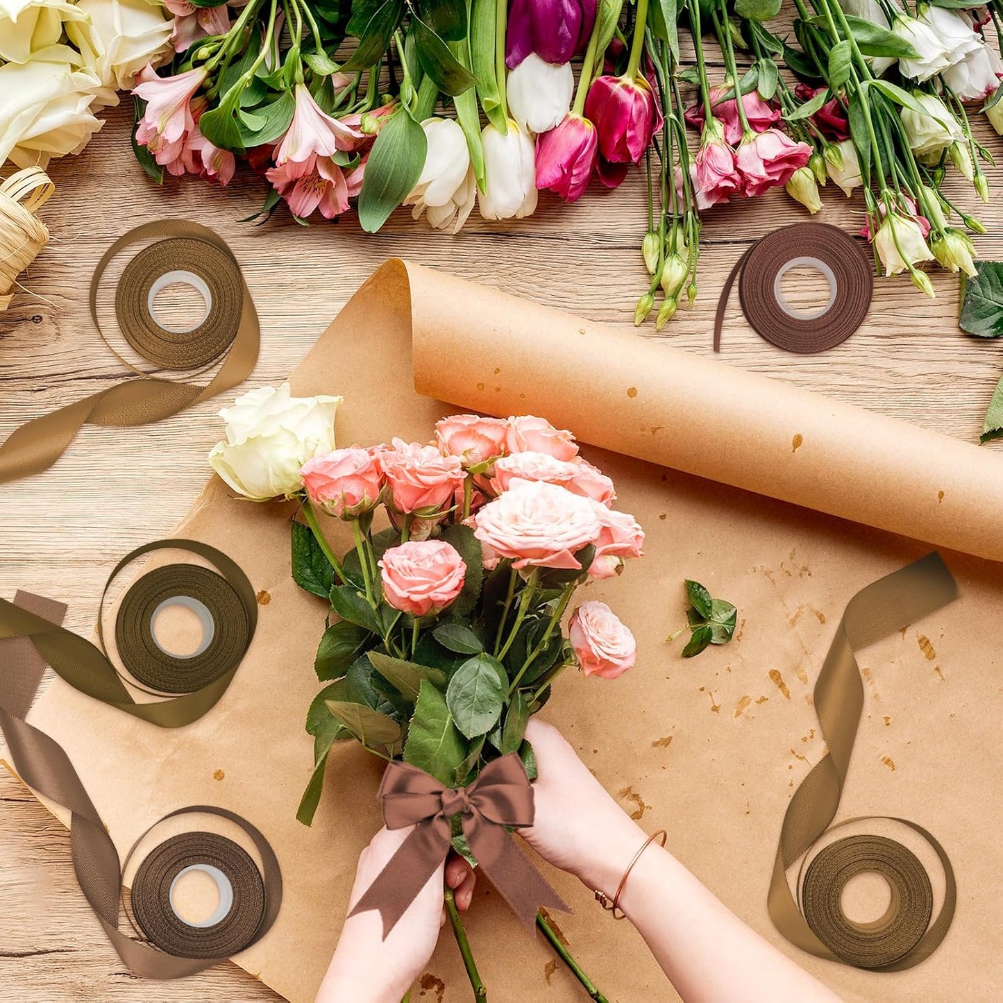 1-1/2 Inch Brown Satin Ribbons for Crafts, 6 Rolls Single-Faced Brown Assorted Ribbons for Gift Wrapping Flower Bouquet Wedding Invitations Bridal Shower Hair Bows Garland Party Decor