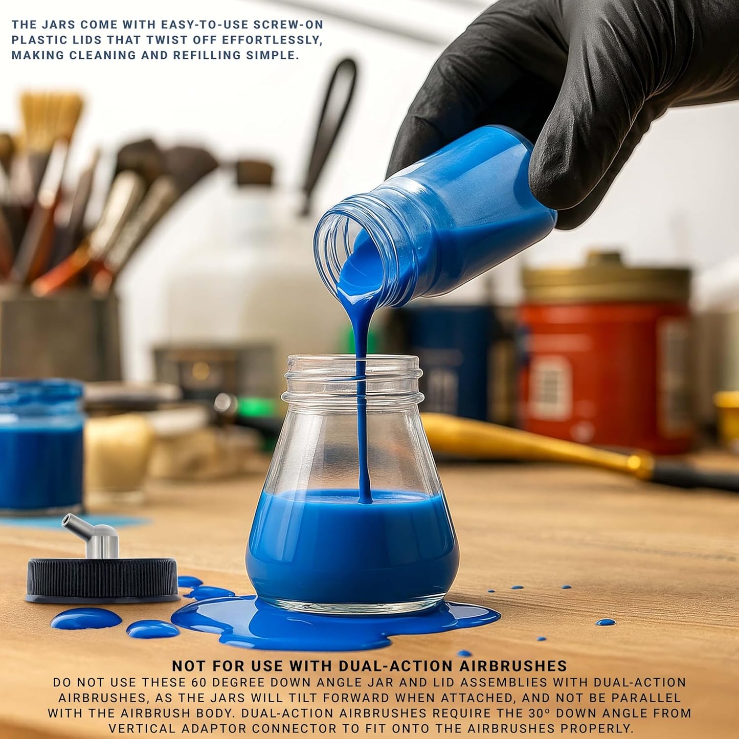 Master Airbrush (Pack of 10) TB-004 Empty 2.7-Ounce (80cc) Glass Jar Bottles with 60° Down Angle Adaptor Lid Assembly - Fits Single-Action Siphon Feed Airbrushes, Use with Master Badger Paasche, Iwata