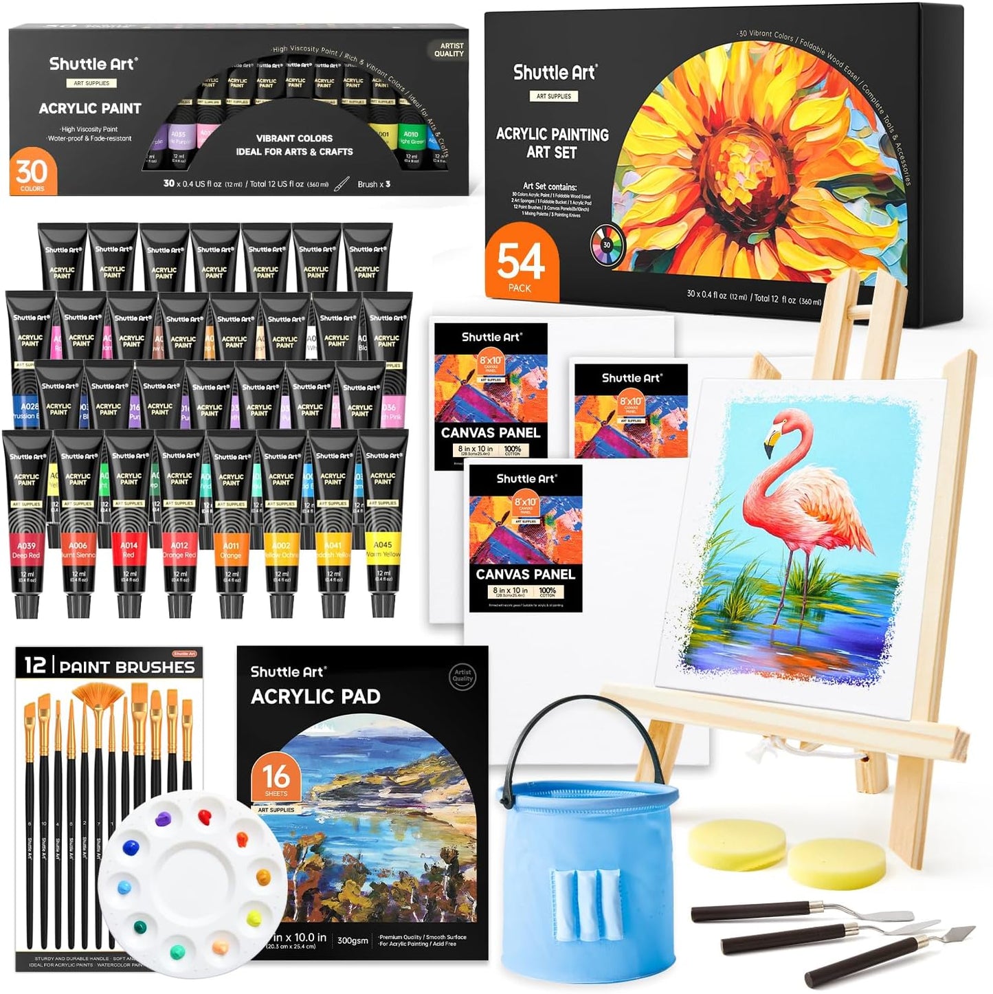 Shuttle Art 54 Pack Acrylic Paint Set, Acrylic Painting Set with 30 Colors Acrylic Paint, Wooden Easel, Painting Canvas, Paint Brushes, Palette, Art Painting Supplies for Kids Adults Beginner Artists