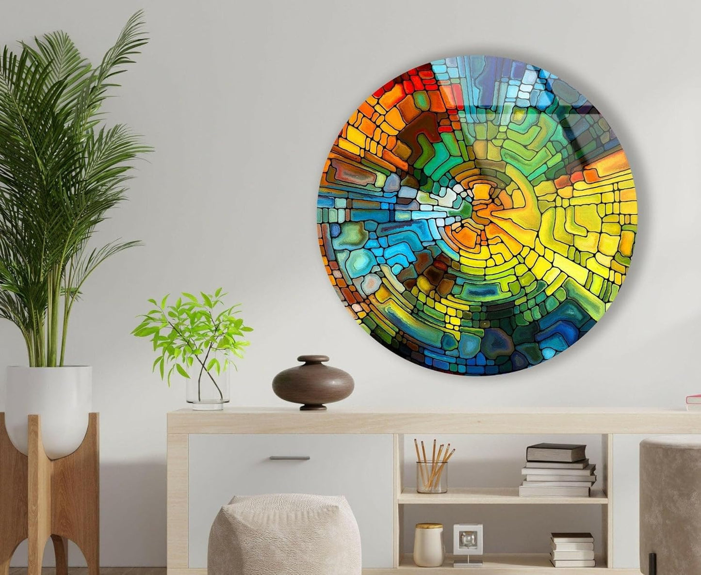 My Photostation.com 24''(60cm) Diameter Stained Yellow Round Glass Wall Art Tempered Glass Printing Wall Decor Large Wall Art Wall Hangings