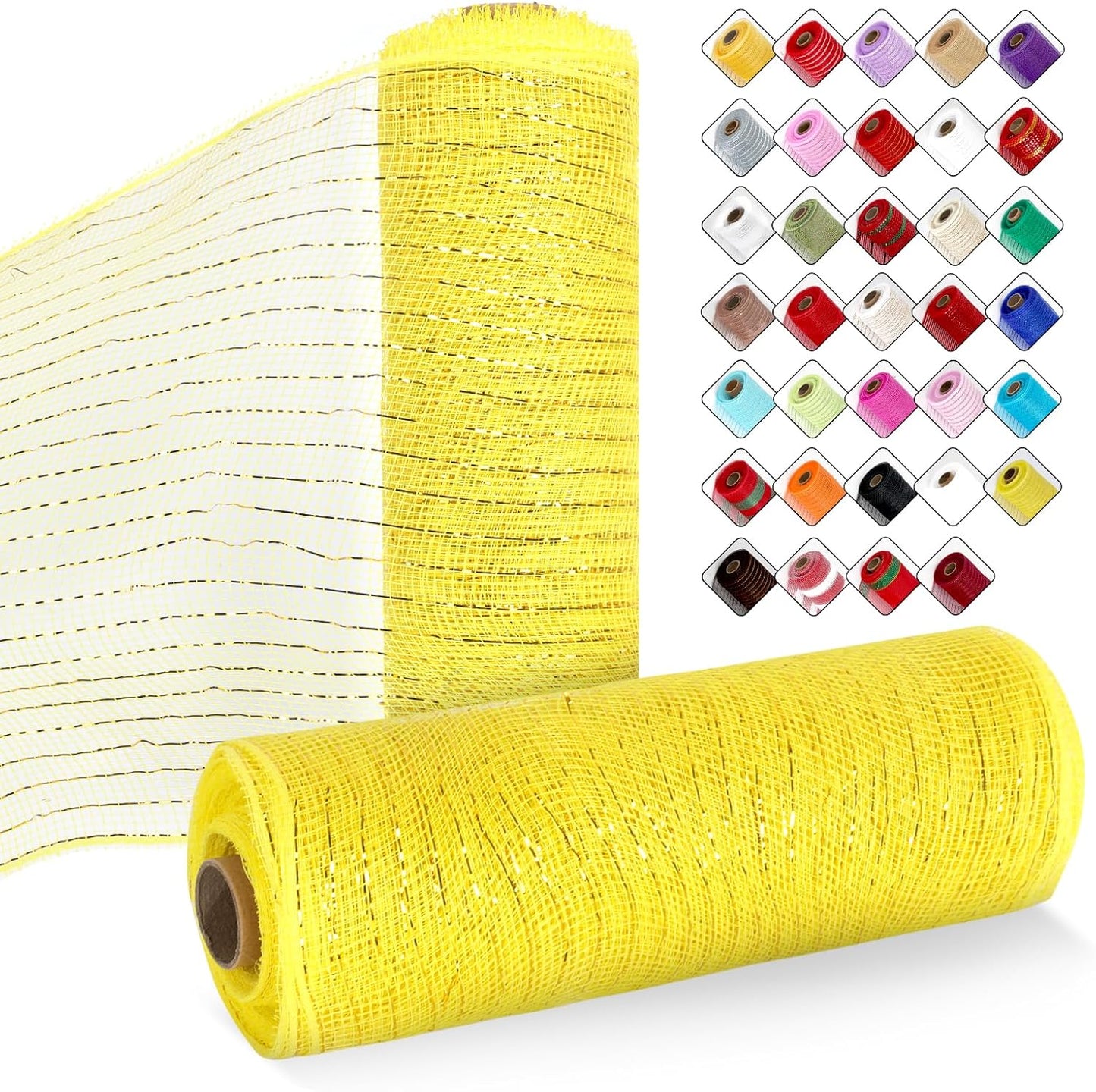 2 Rolls Mesh Ribbon for Wreaths 10 Inch x 30 Foot Wreath Mesh Rolls with Metallic Foil for Easter Christmas Party Wedding Home Decor DIY Craft Projects and Gift Wrapping(Yellow)