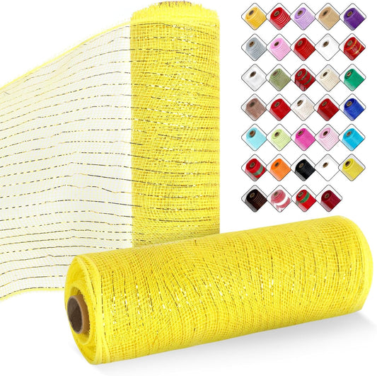 2 Rolls Mesh Ribbon for Wreaths 10 Inch x 30 Foot Wreath Mesh Rolls with Metallic Foil for Easter Christmas Party Wedding Home Decor DIY Craft Projects and Gift Wrapping(Yellow)
