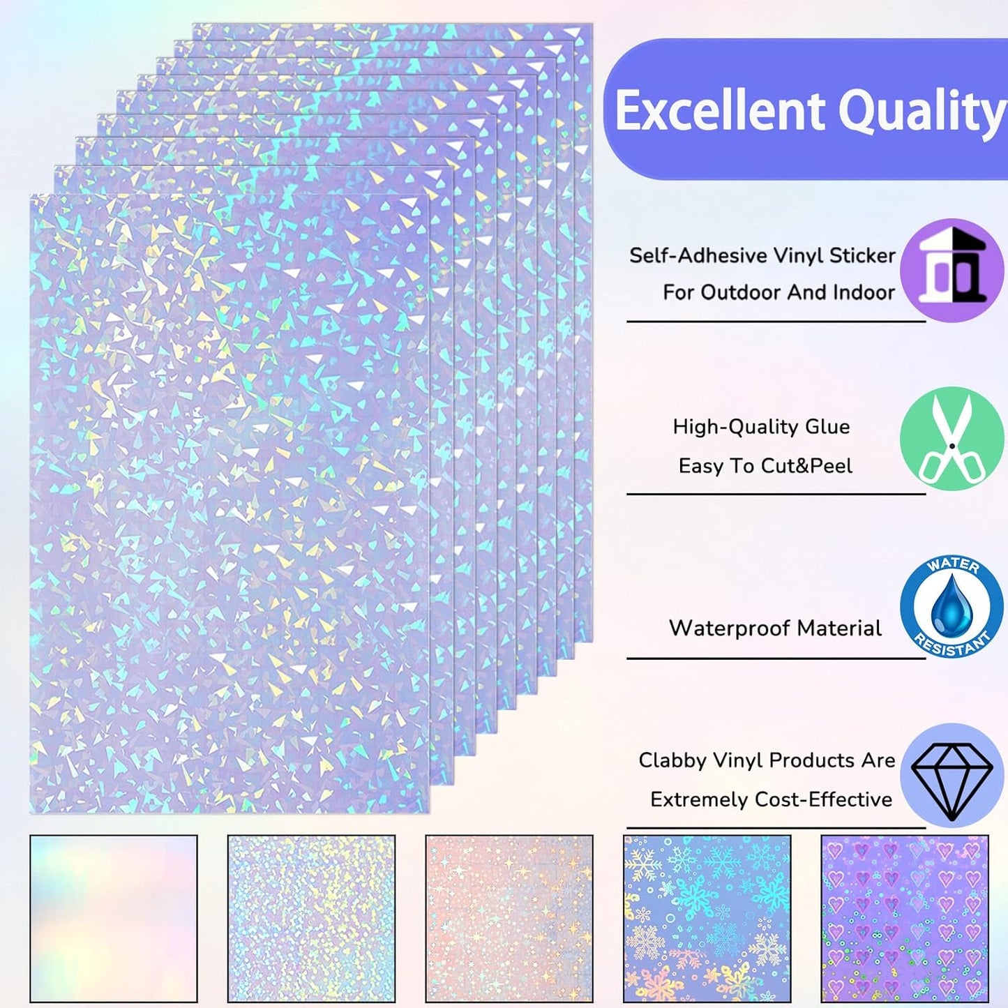 36 Sheets Holographic Sticker Paper Clear A4 Vinyl Sticker Paper Self Adhesive Waterproof Transparent Film Gem Rainbow Star Patterns, 11.7 x 8.3 Inch (Gem,Rainbow,Spot,Star,Snowflake,Heart)